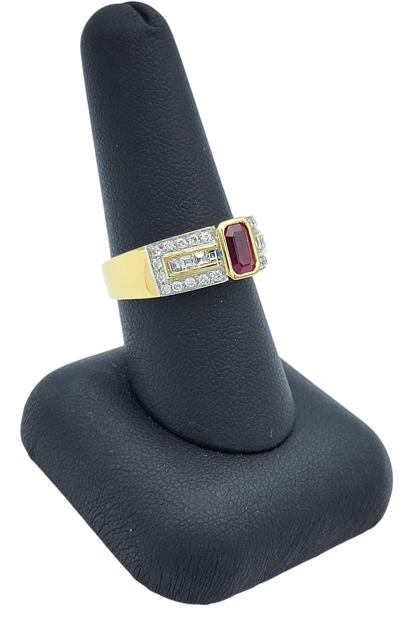 Emerald Cut Ruby Band Ring with Diamonds in Polished 18 Karat Yellow Gold 6