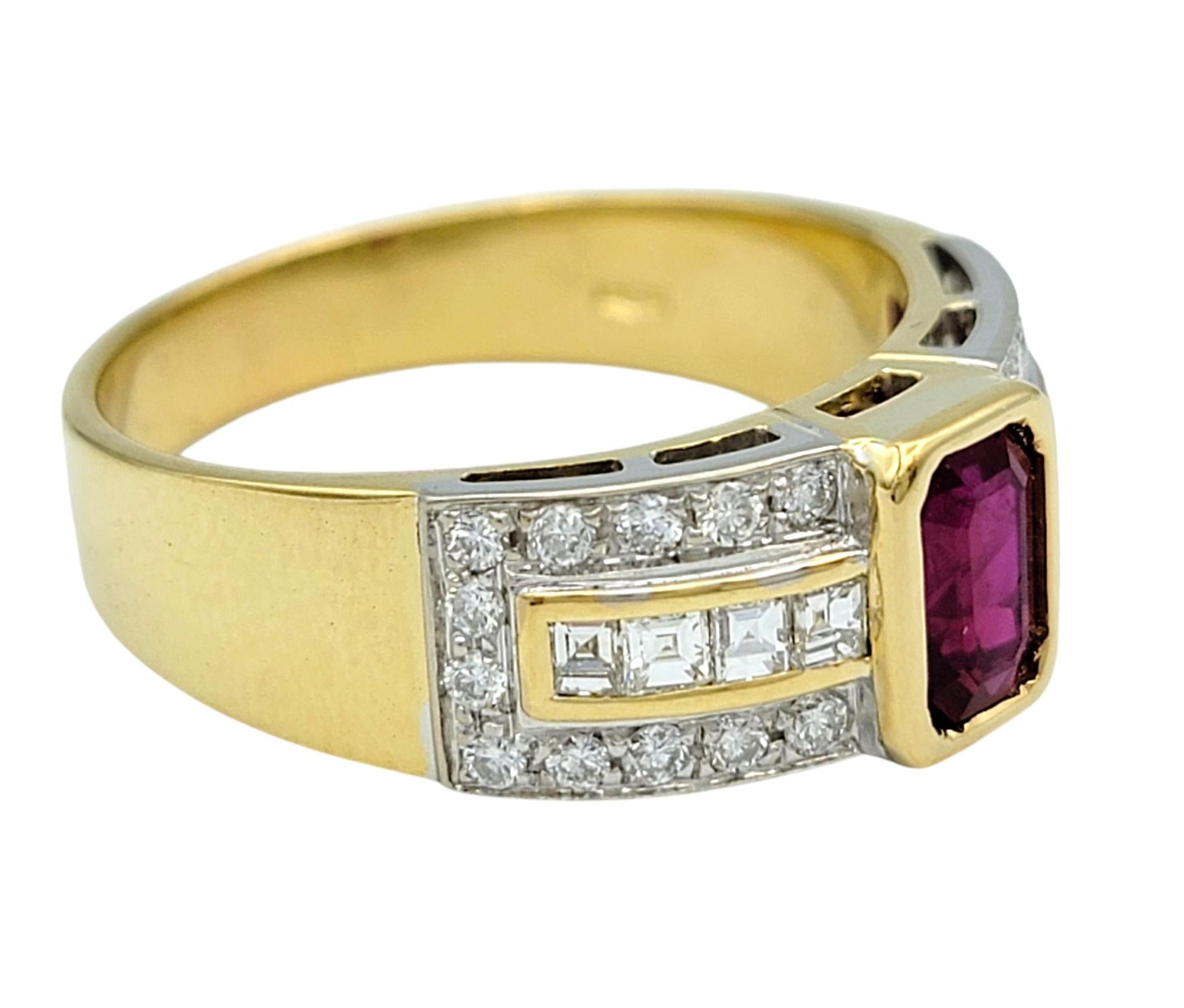 Ring Size: 8.75

Discover the ultimate expression of luxury with this captivating band ring, featuring a striking emerald-cut ruby at its heart. The deep, rich hue of the ruby exudes timeless elegance, while the 18 karat yellow gold setting enhances