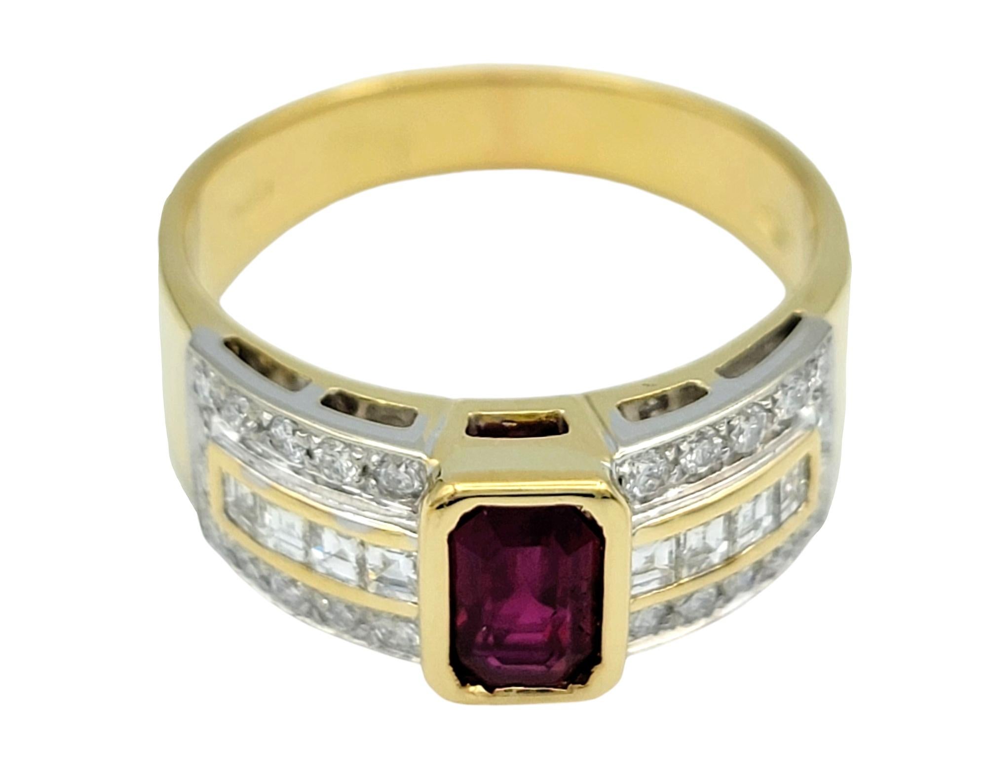 Emerald Cut Ruby Band Ring with Diamonds in Polished 18 Karat Yellow Gold In Good Condition In Scottsdale, AZ