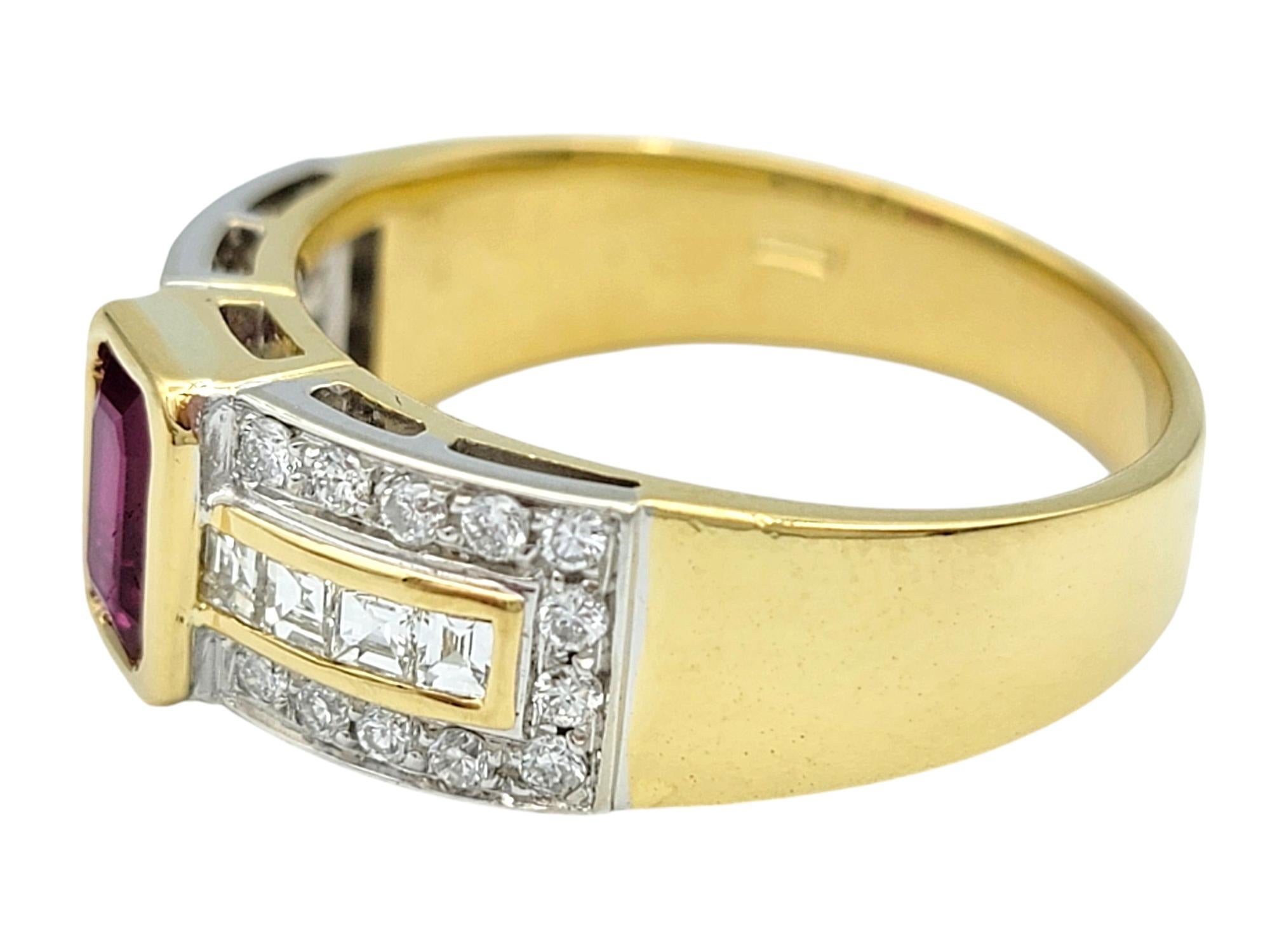 Women's Emerald Cut Ruby Band Ring with Diamonds in Polished 18 Karat Yellow Gold