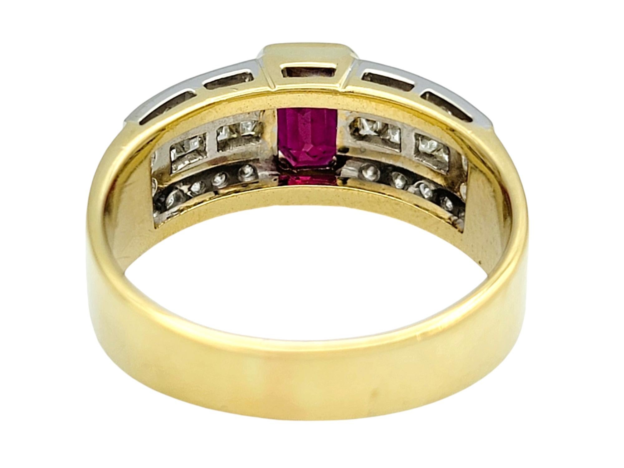 Emerald Cut Ruby Band Ring with Diamonds in Polished 18 Karat Yellow Gold 1