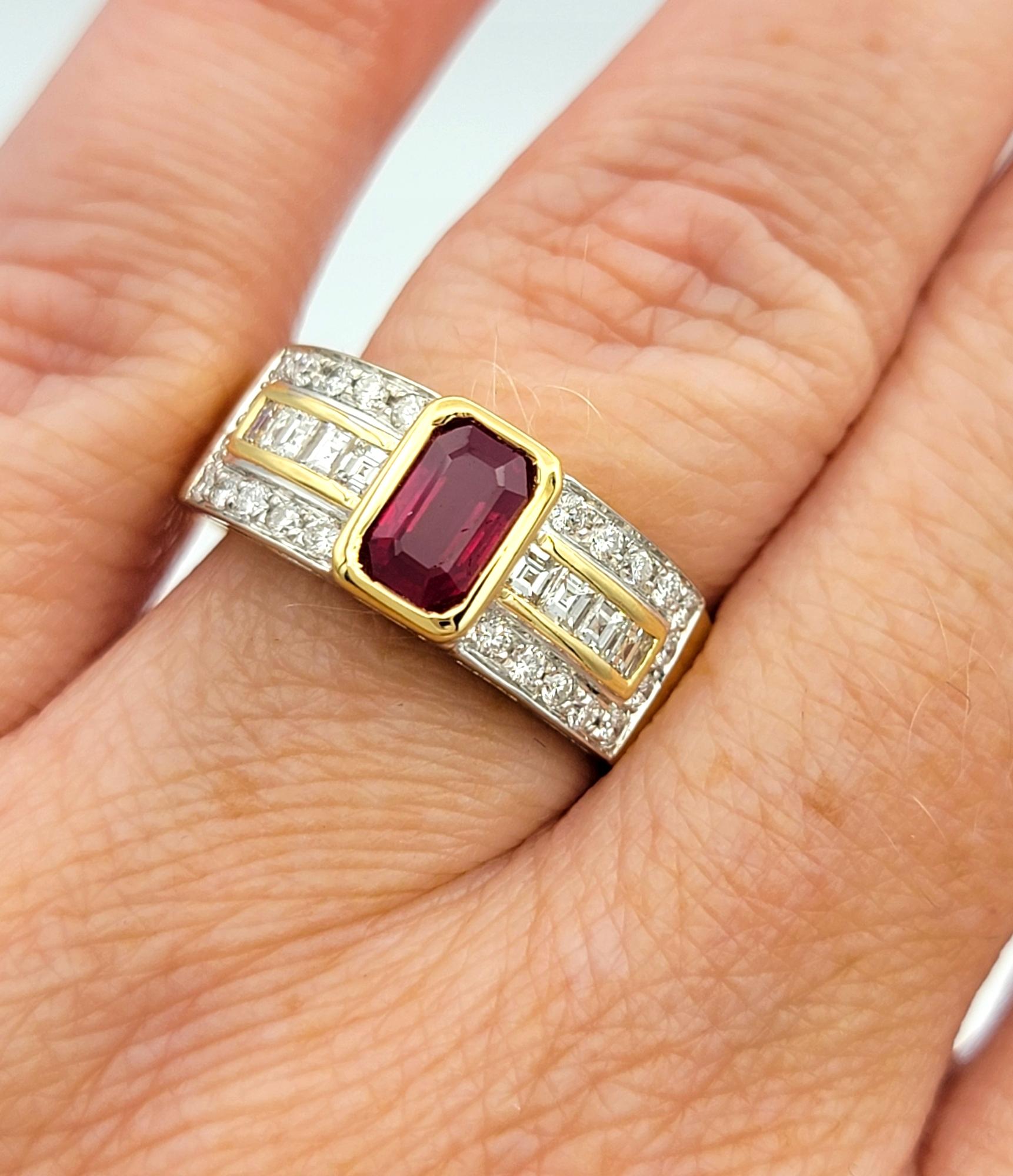 Emerald Cut Ruby Band Ring with Diamonds in Polished 18 Karat Yellow Gold 4