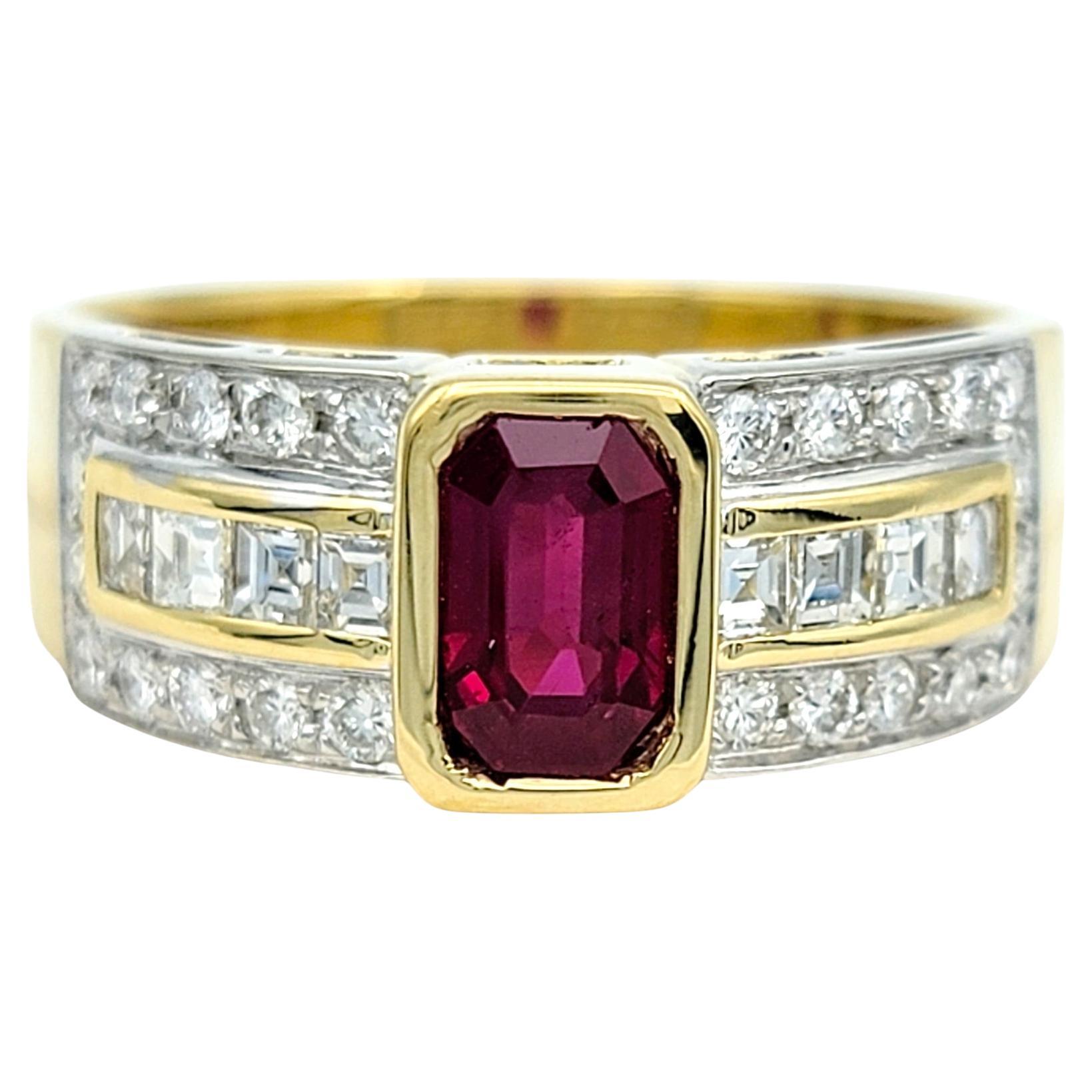 Emerald Cut Ruby Band Ring with Diamonds in Polished 18 Karat Yellow Gold