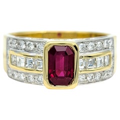 Emerald Cut Ruby Band Ring with Diamonds in Polished 18 Karat Yellow Gold
