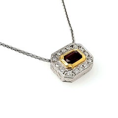 Emerald-Cut Ruby Cts 0.97 and Round Diamond Pendant Necklace