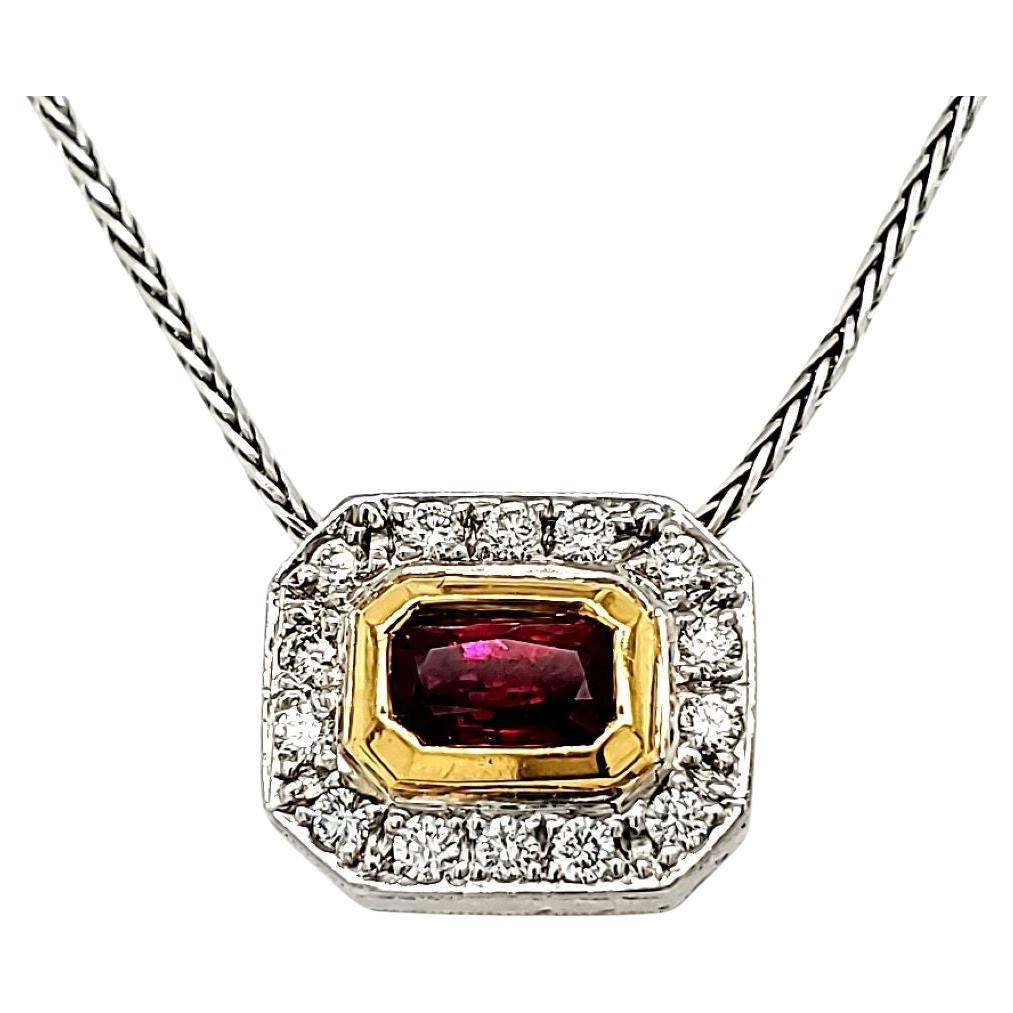 Emerald-Cut Ruby Cts 0.97 and Round Diamond Pendant Necklace