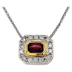 Emerald-Cut Ruby Cts 0.97 and Round Diamond Pendant Necklace