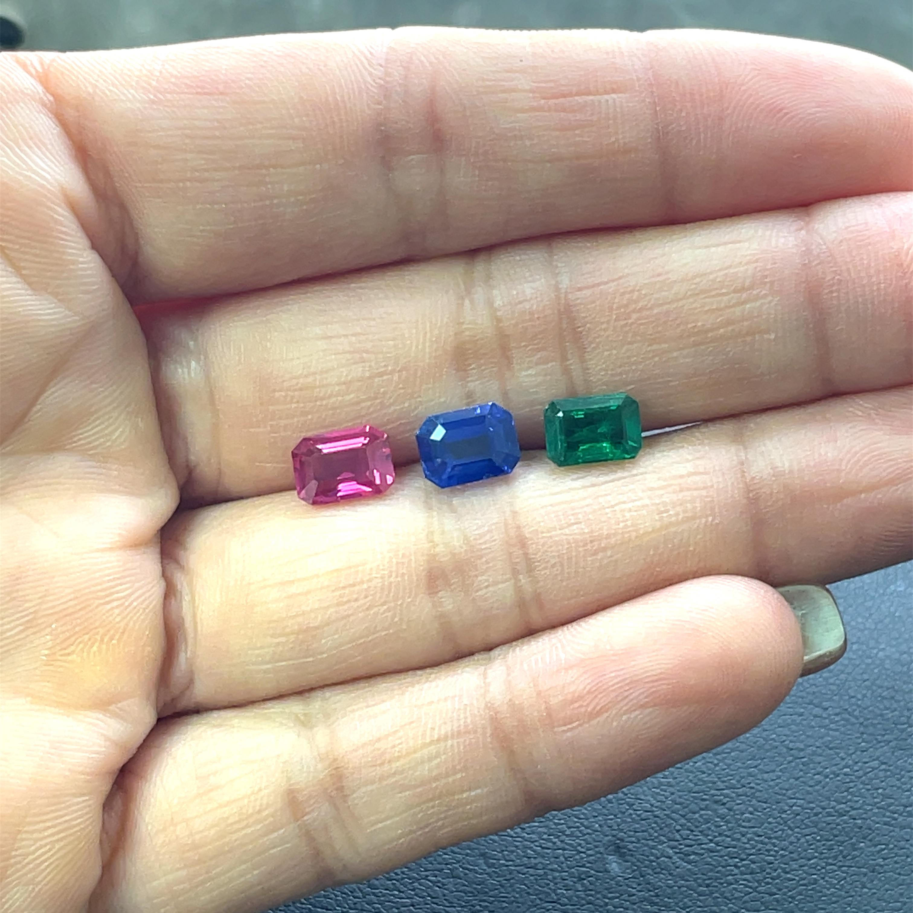 Emerald-Cut Ruby Cts 1.31 and Blue Sapphire Cts 2.16 and Emerald Cts 0.92 Loose  For Sale 8