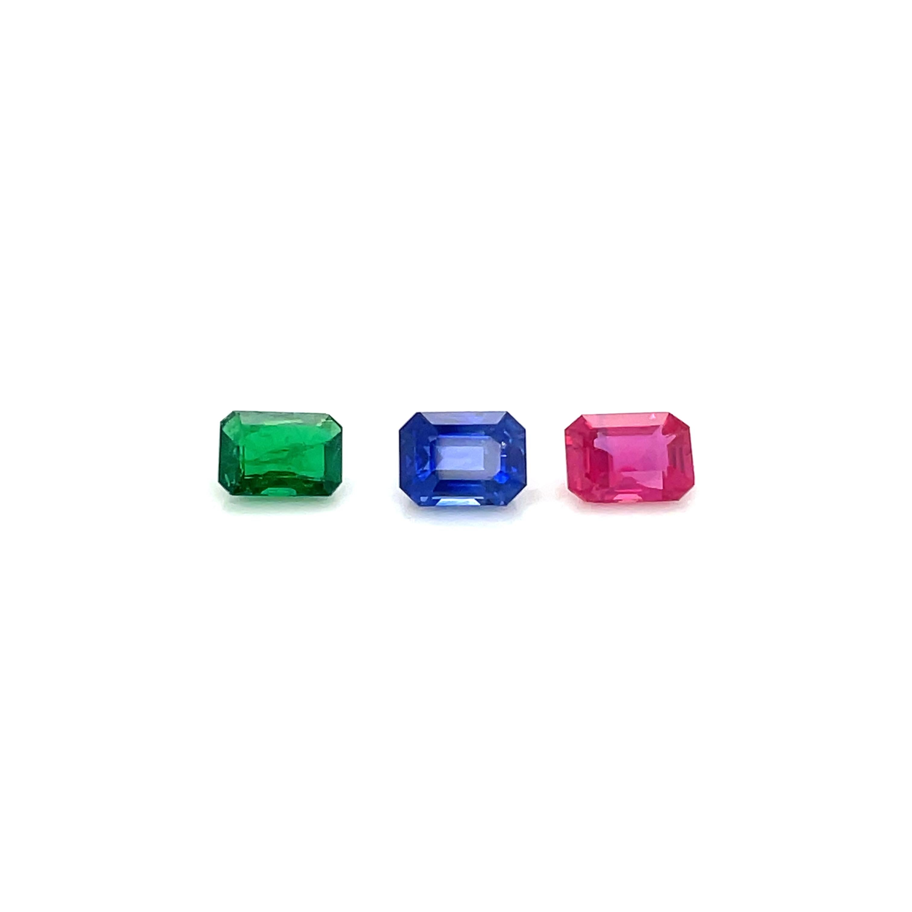 Octagon Cut Emerald-Cut Ruby Cts 1.31 and Blue Sapphire Cts 2.16 and Emerald Cts 0.92 Loose  For Sale