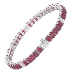 Emerald Cut Ruby Diamond Bracelet 14 Karat White Gold Handmade Gemstone Jewelry