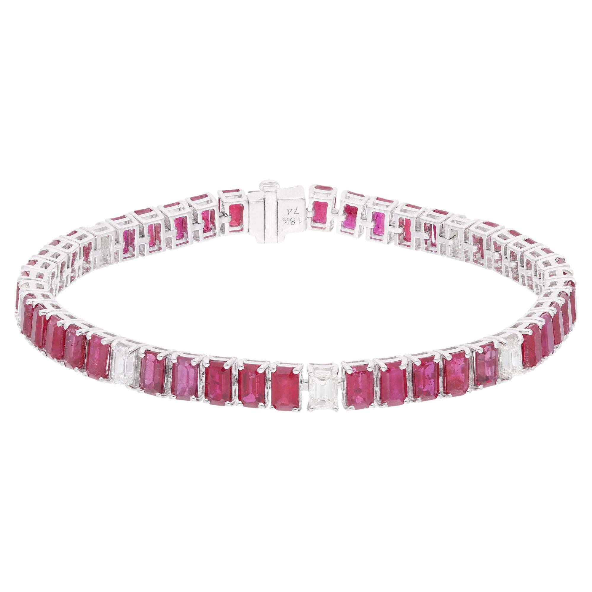 Pulsera de diamantes y rubíes talla esmeralda Oro blanco de 14 kilates Joyas de piedras preciosas hechas a mano
