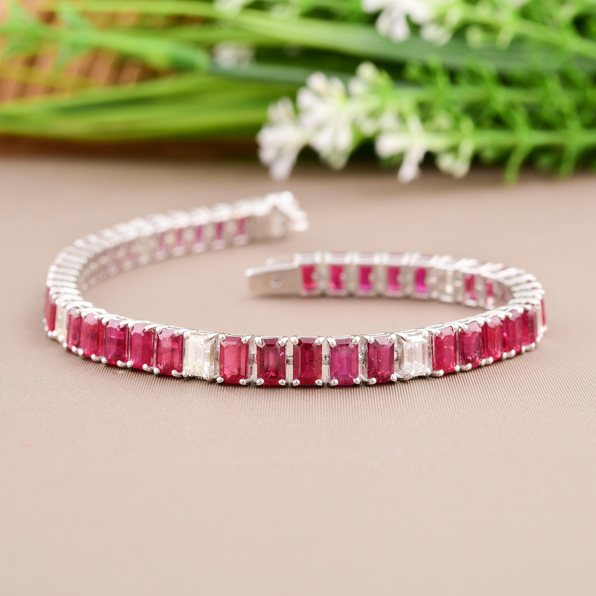 Women's Emerald Cut Ruby Diamond Bracelet 18 Karat White Gold Handmade Gemstone Jewelry For Sale
