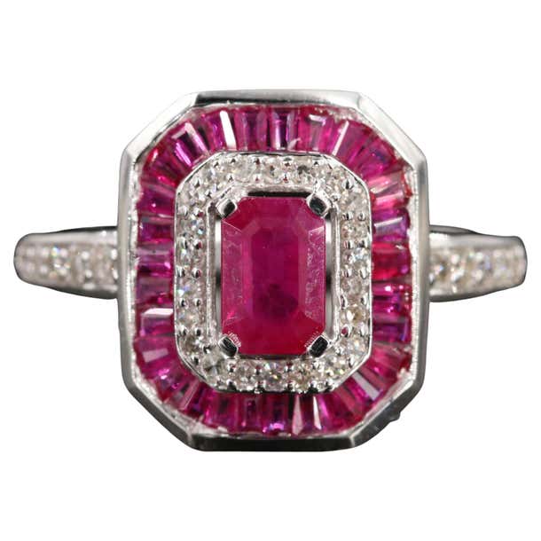Customizable Emerald Cut Ruby Diamond Engagement Ring Art Deco Halo ...