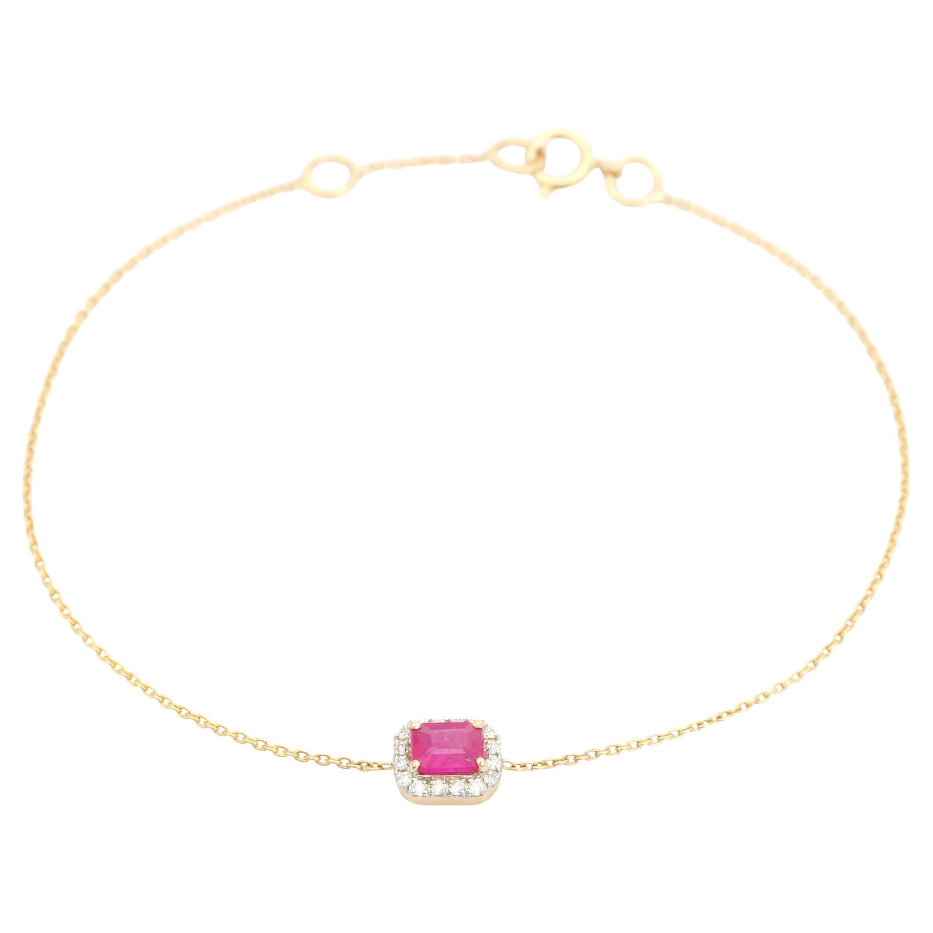 Bracciale a catena con rubini e diamanti taglio smeraldo in oro giallo 14K Regalo di gioielli
