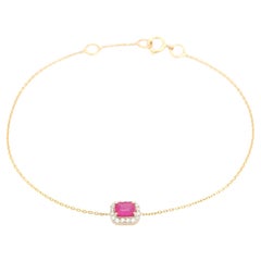 Emerald Cut Ruby & Diamond Halo Chain Bracelet in 14K Yellow Gold Jewelry Gift
