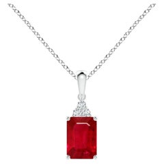 Emerald-Cut Ruby Necklace with Diamond Cluster in Sterling Silver