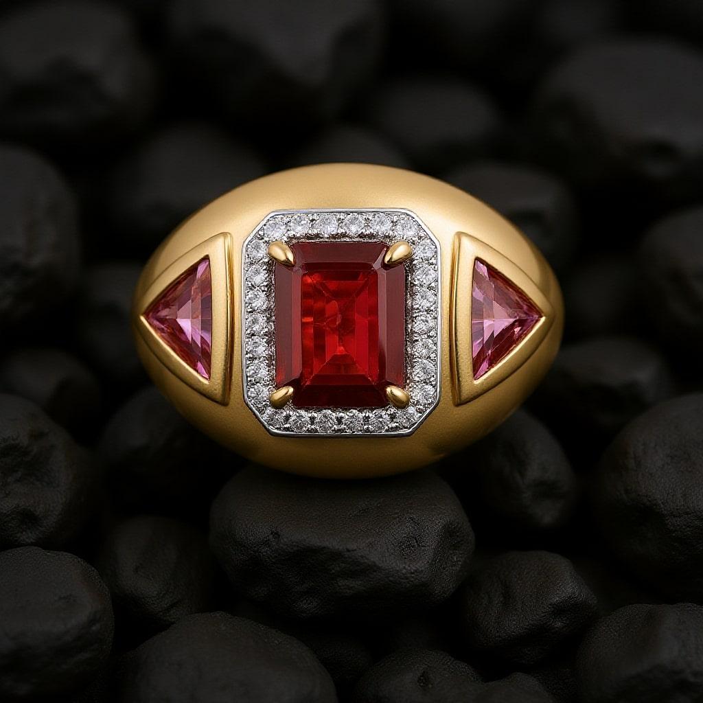 Im Angebot: Smaragd-Schliff Rubin Rosa Saphir 14K (18k auf Anfrage) Gelbgold Statement Ring () 3