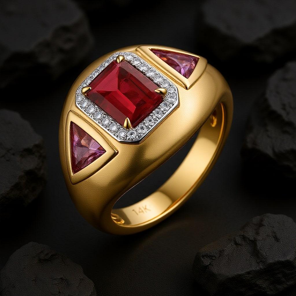 Im Angebot: Smaragd-Schliff Rubin Rosa Saphir 14K (18k auf Anfrage) Gelbgold Statement Ring () 4
