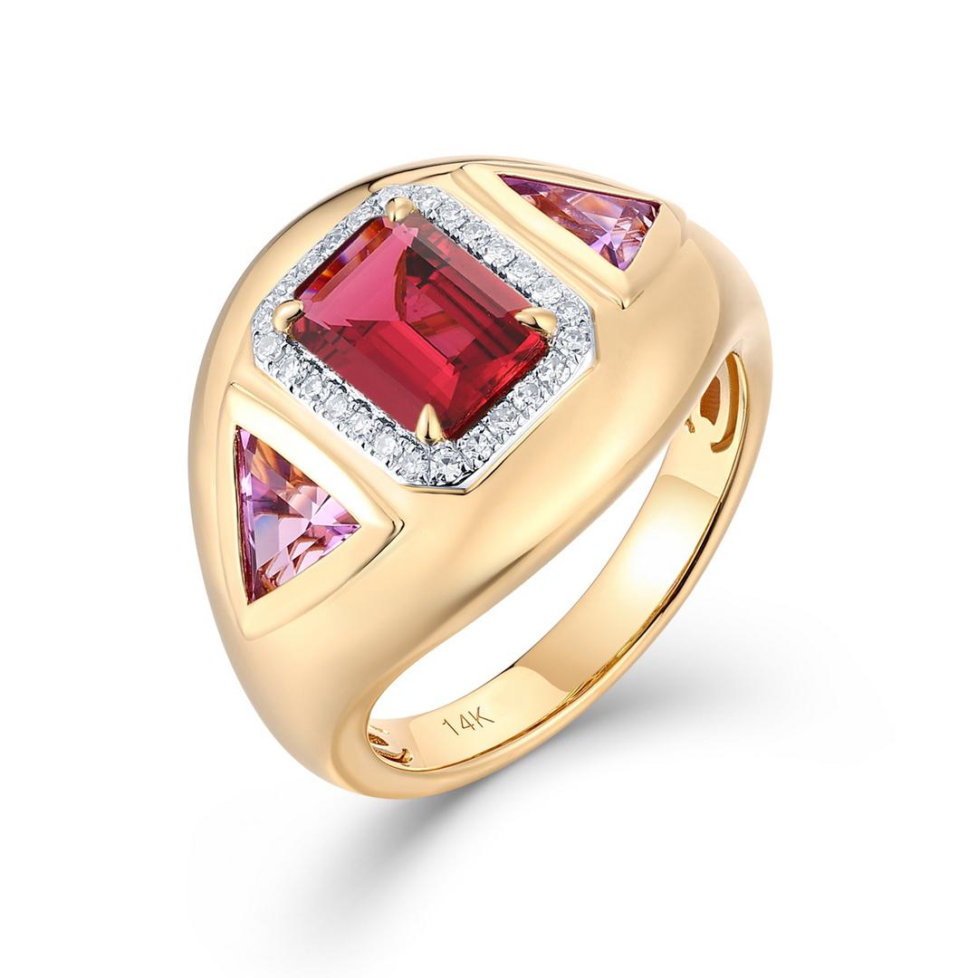 Im Angebot: Smaragd-Schliff Rubin Rosa Saphir 14K (18k auf Anfrage) Gelbgold Statement Ring () 5