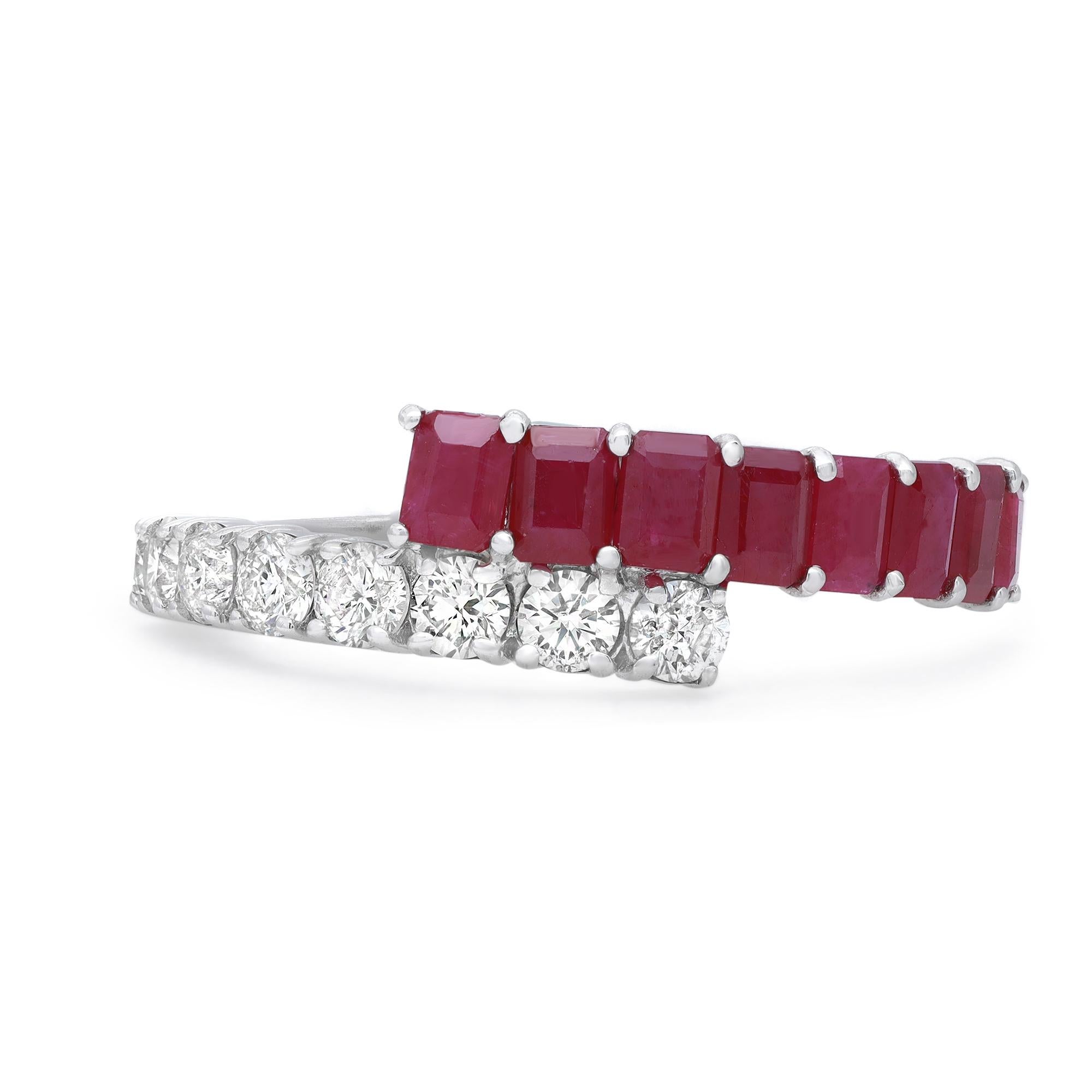 Simple and elegant, ruby and diamond ladies ring. Crafted in high polished 14k white gold. It features two half rows of prong set 8 round brilliant cut diamonds and 8 emerald cut rubies for a timeless, eye catchy style. Total diamond weight: 0.61