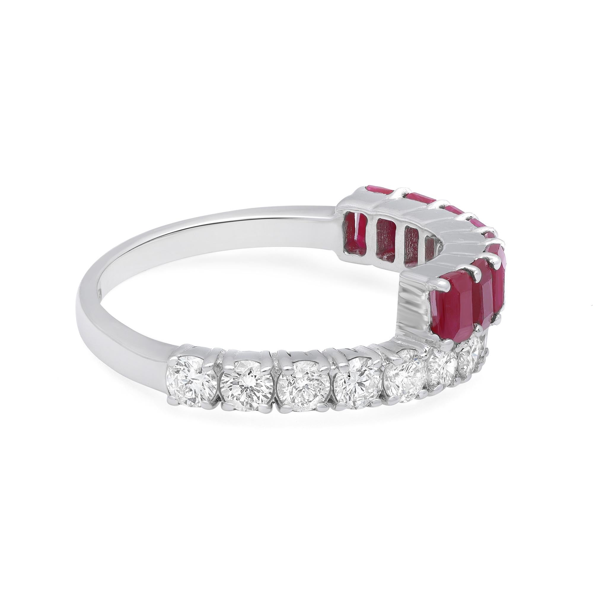 Women's Emerald Cut Ruby & Round Diamond Ladies Ring 14K White Gold For Sale