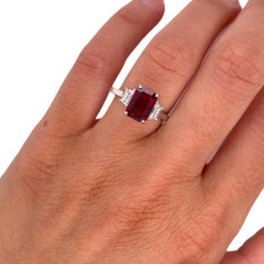 Certified Emerald Cut Ruby & Trapezoid Diamond Three Stone Ring