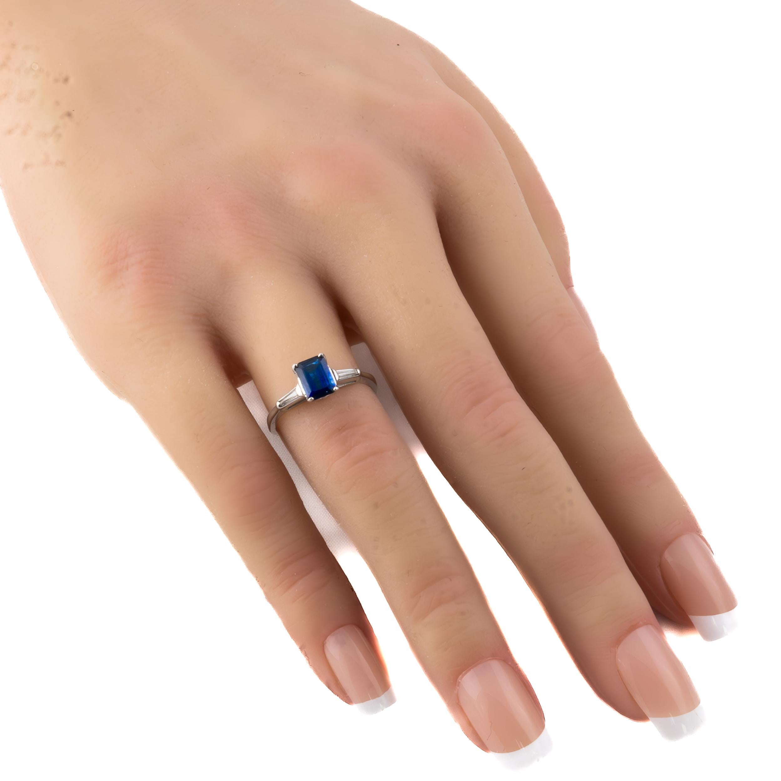 Retro Emerald Cut Sapphire and Diamond Engagement Ring For Sale