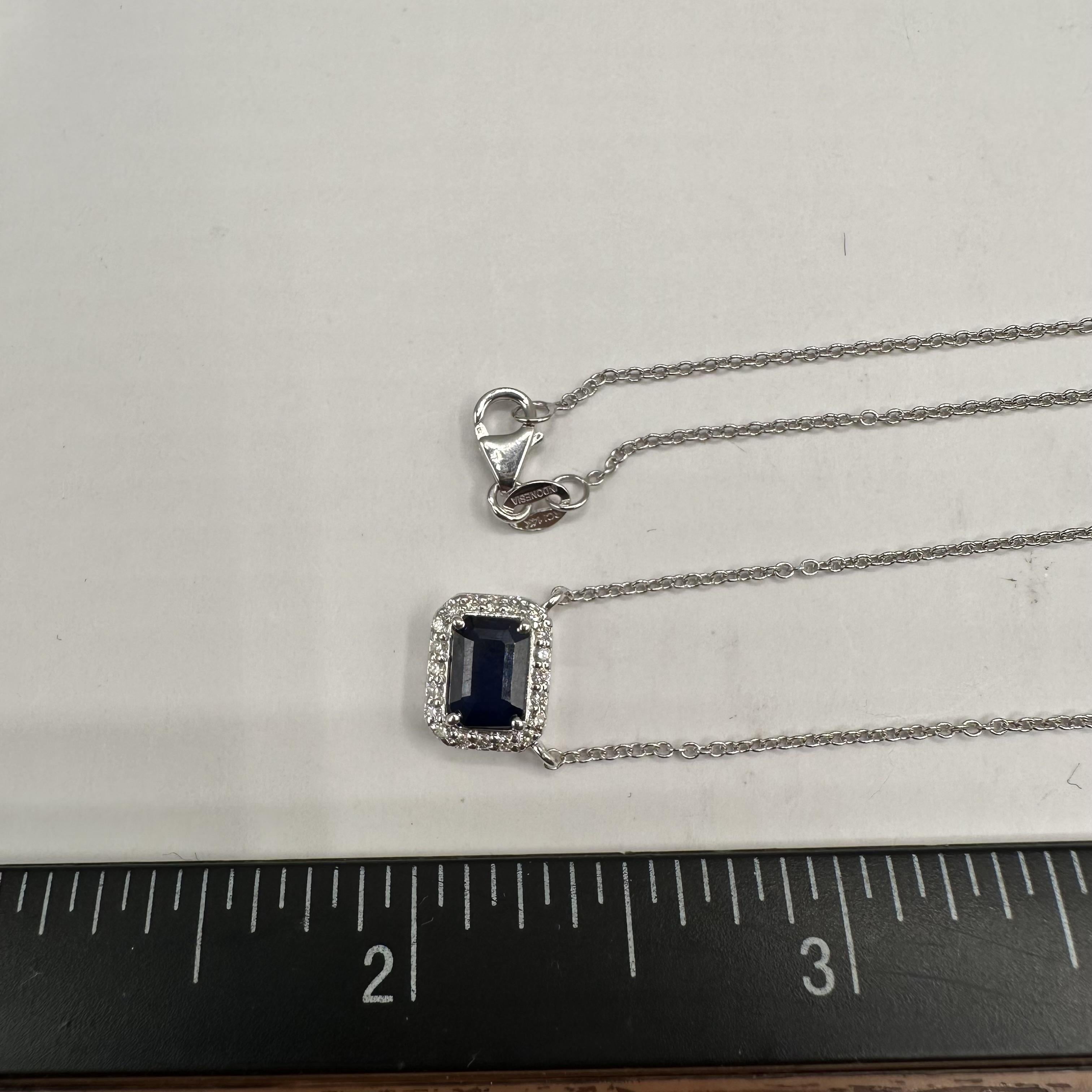 da uomo o donna Collana con zaffiri e diamanti taglio smeraldo in oro bianco 14 carati - 6,8x4,7 mm Sapp. in vendita