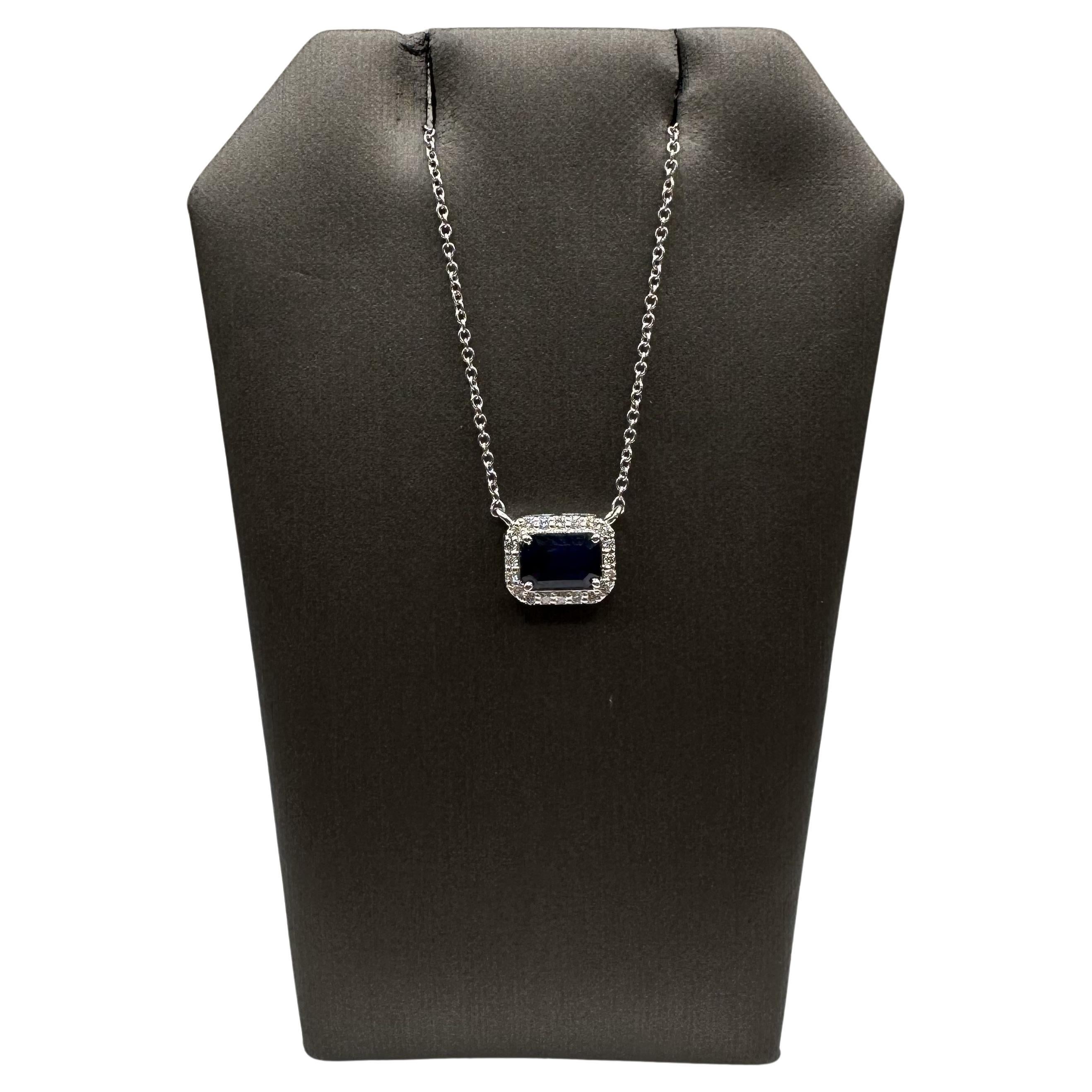 Emerald Cut Sapphire and Diamond Necklace in 14kt White Gold – 6.8x4.7mm Sapp.