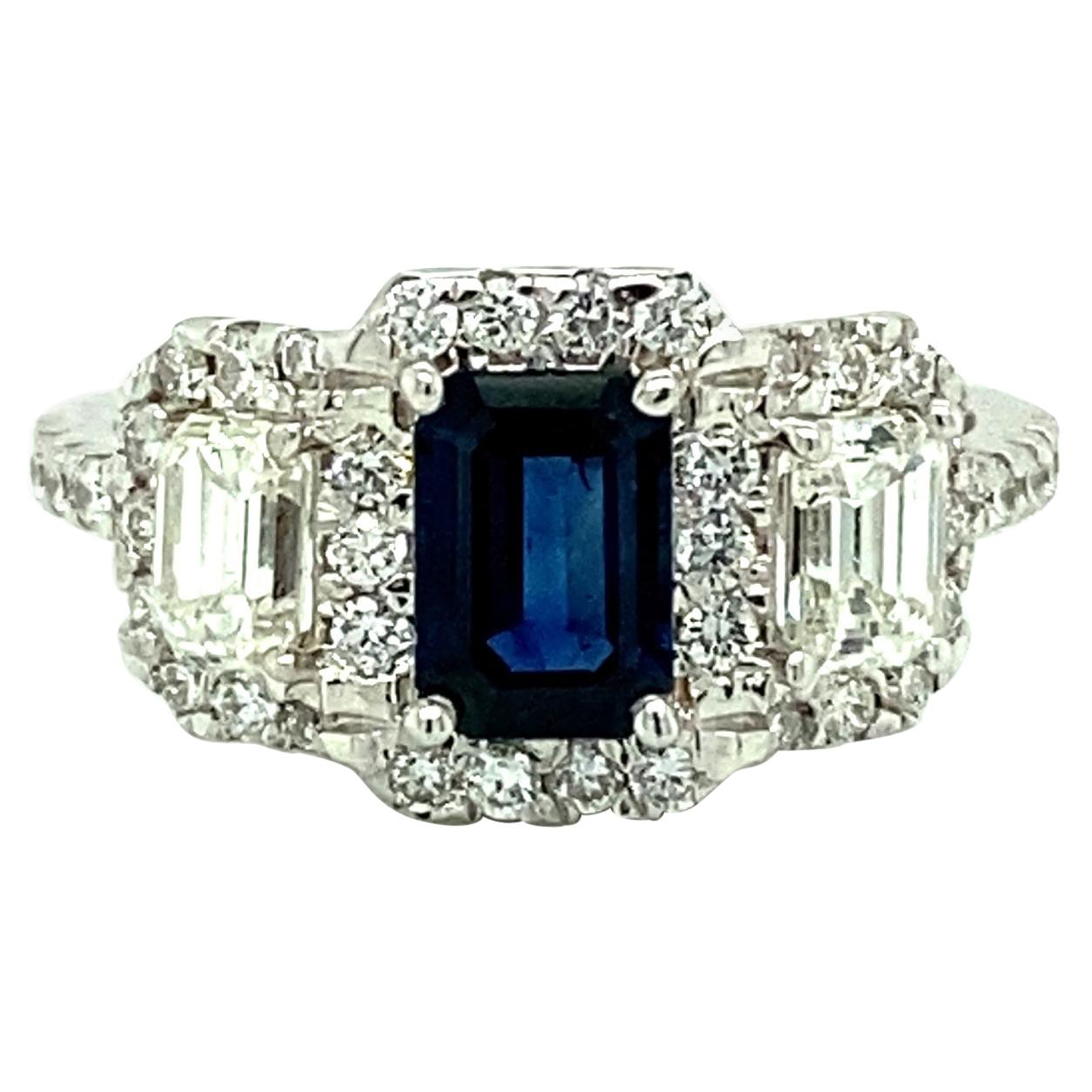 Emerald Cut Sapphire and Diamond Ring, 18kt White Gold Engagement Ring For Sale