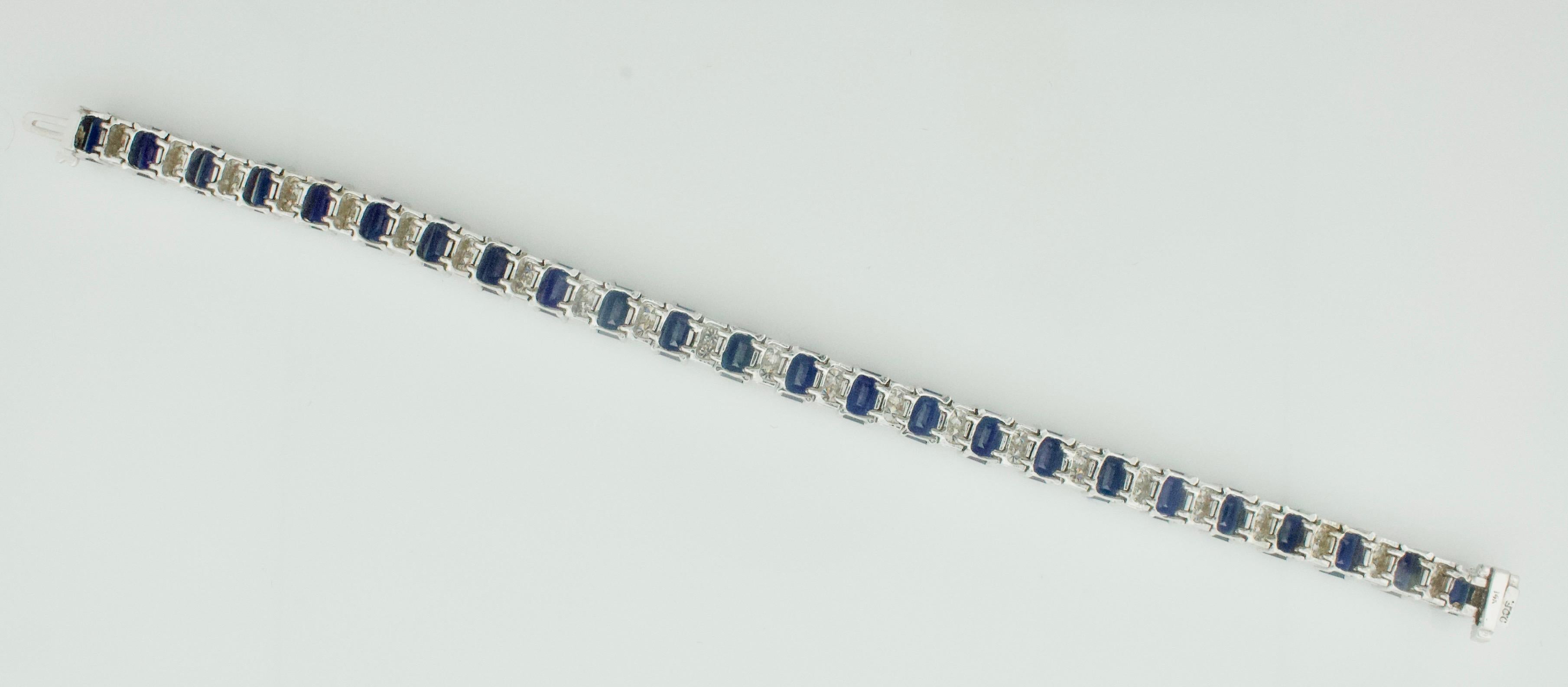 Emerald Cut Sapphire and Diamond Tennis Bracelet in 18k For Sale 1