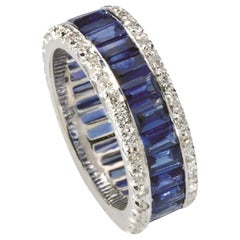 Emerald Cut Sapphire Band 2 Rows of Diamonds