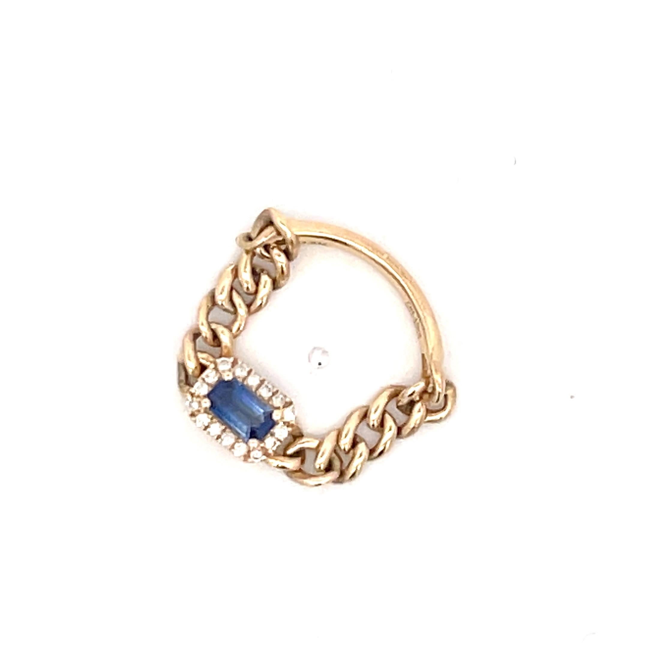 Contemporary Emerald Cut Sapphire Diamond Cuban Link Chain Ring 14 Karat Yellow Gold For Sale