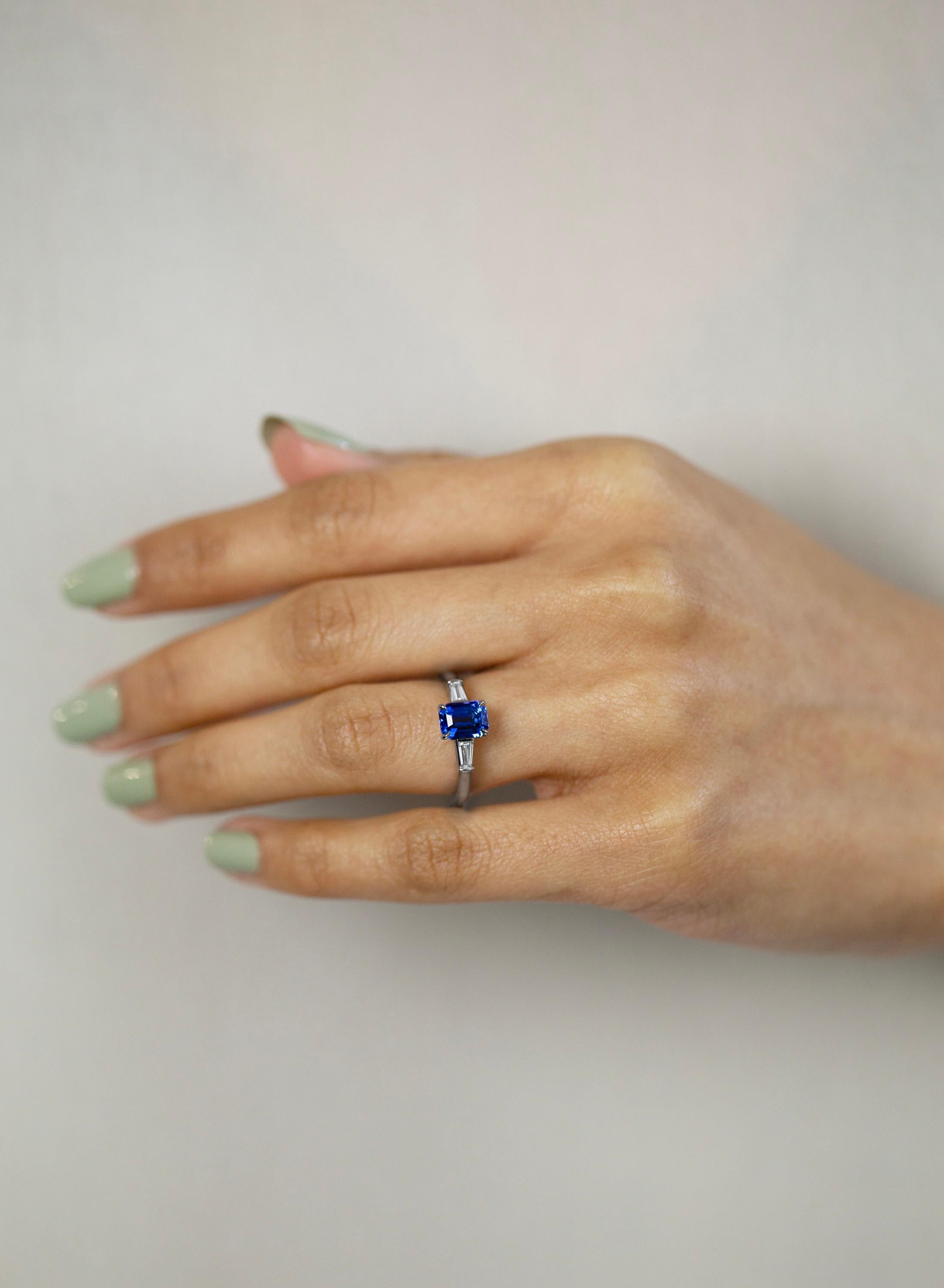 Emerald Cut Roman Malakov 1.78 Blue Sapphire and Diamond Three Stone Engagement Ring For Sale