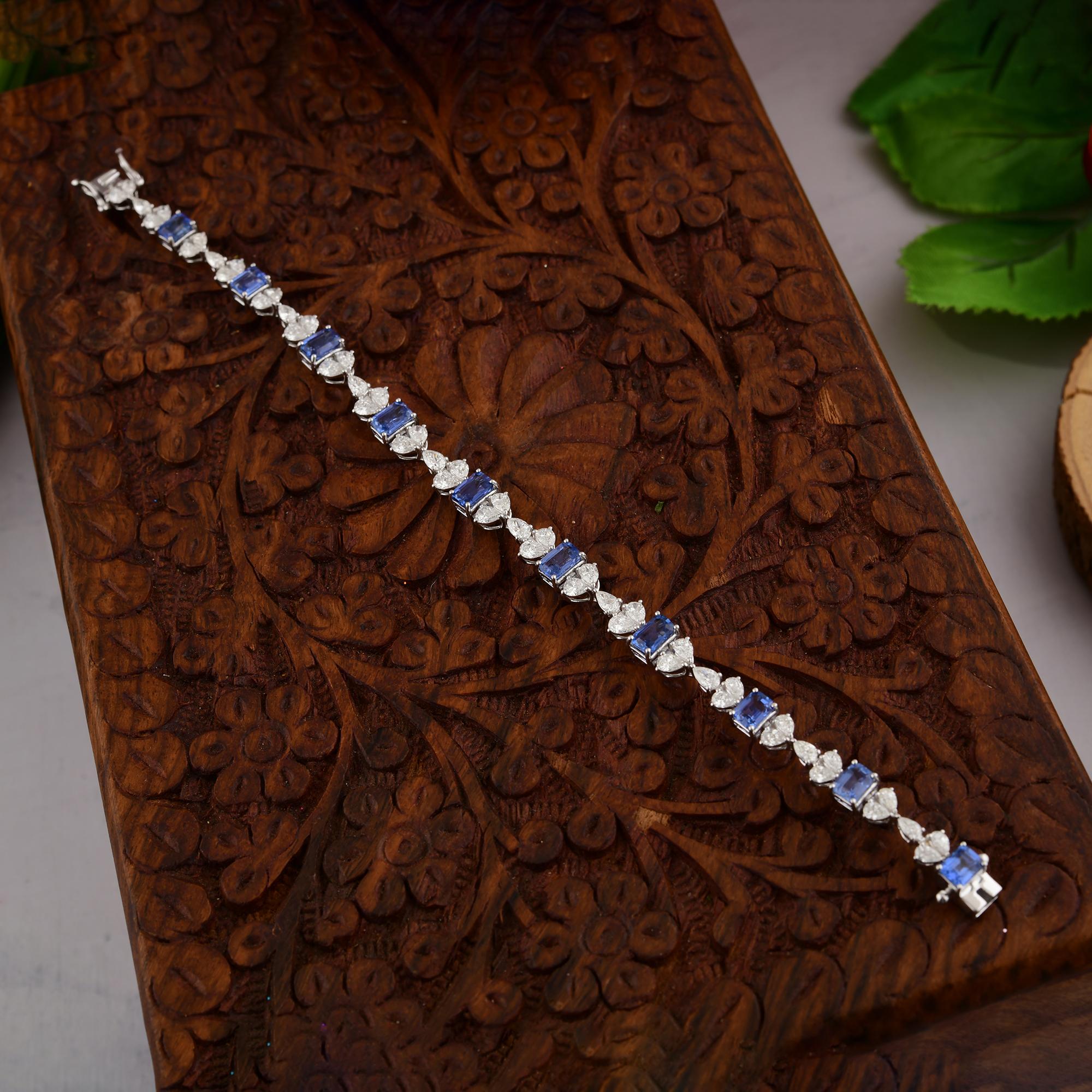 Zafiro talla esmeralda Diamante Pulsera de Tenis Oro Blanco 18K Regalo de Aniversario en venta 1