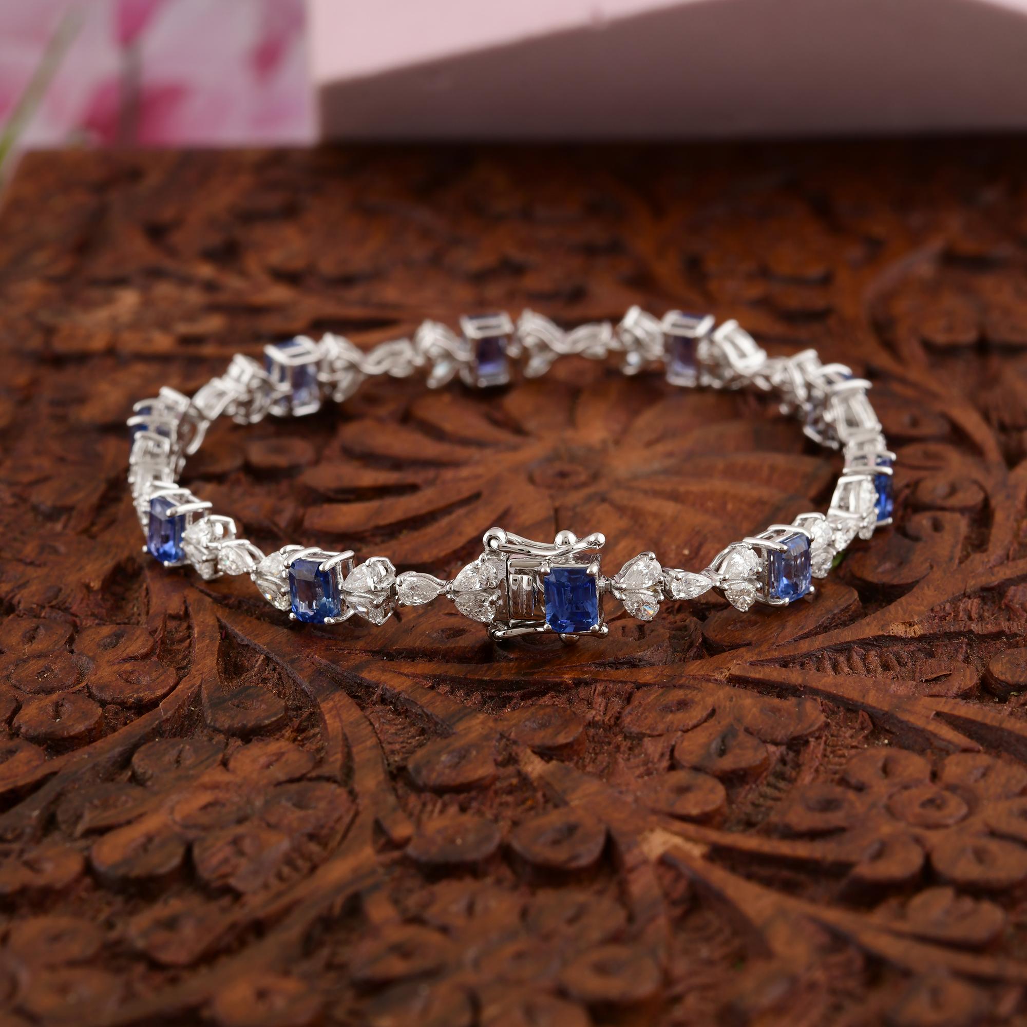 Zafiro talla esmeralda Diamante Pulsera de Tenis Oro Blanco 18K Regalo de Aniversario en venta 2