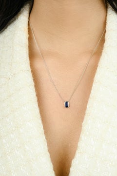 Emerald Cut Sapphire Pendant Necklace in 14K White Gold September Birthstone