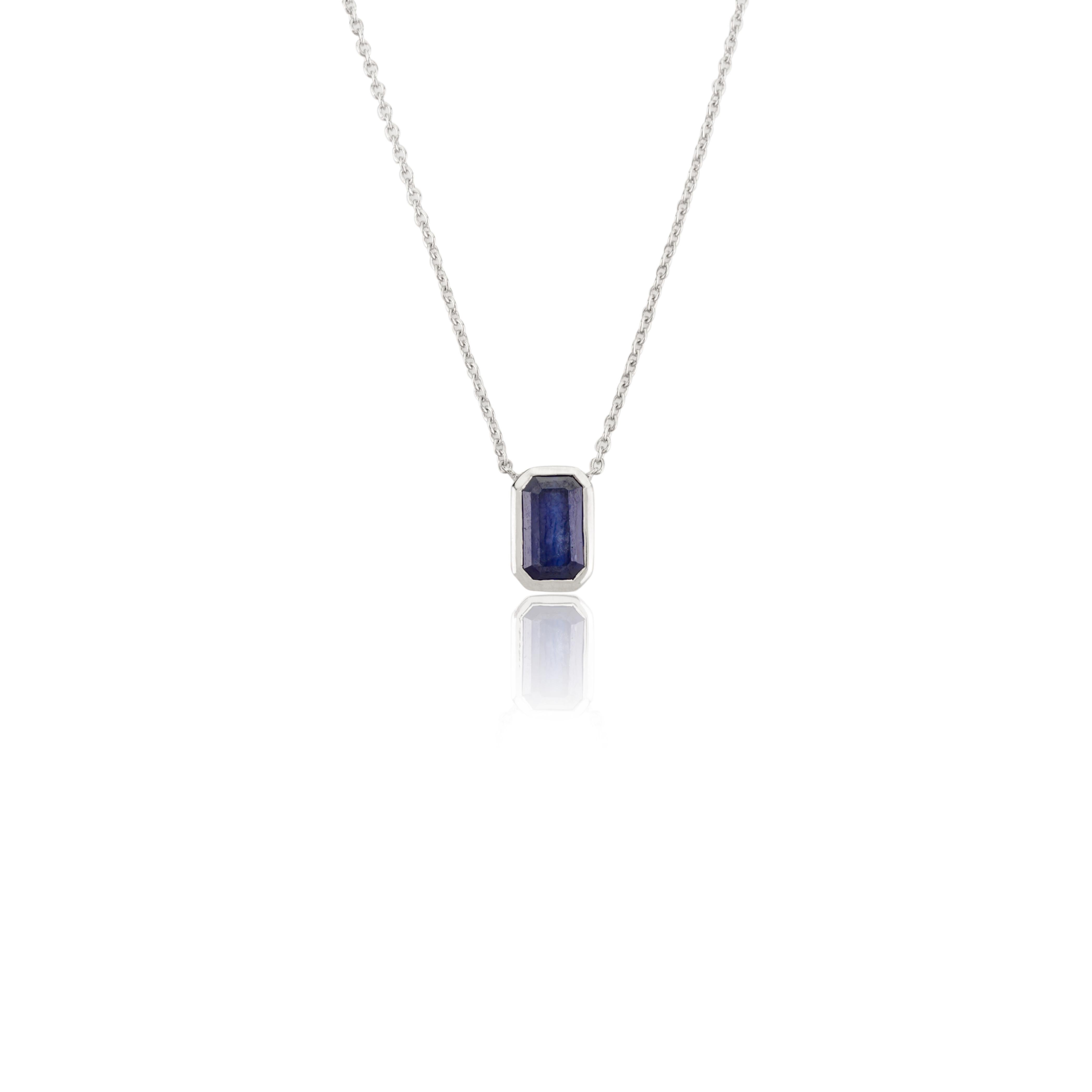 Modernist Emerald Cut Sapphire Pendant Necklace in 14K White Gold September Birthstone For Sale