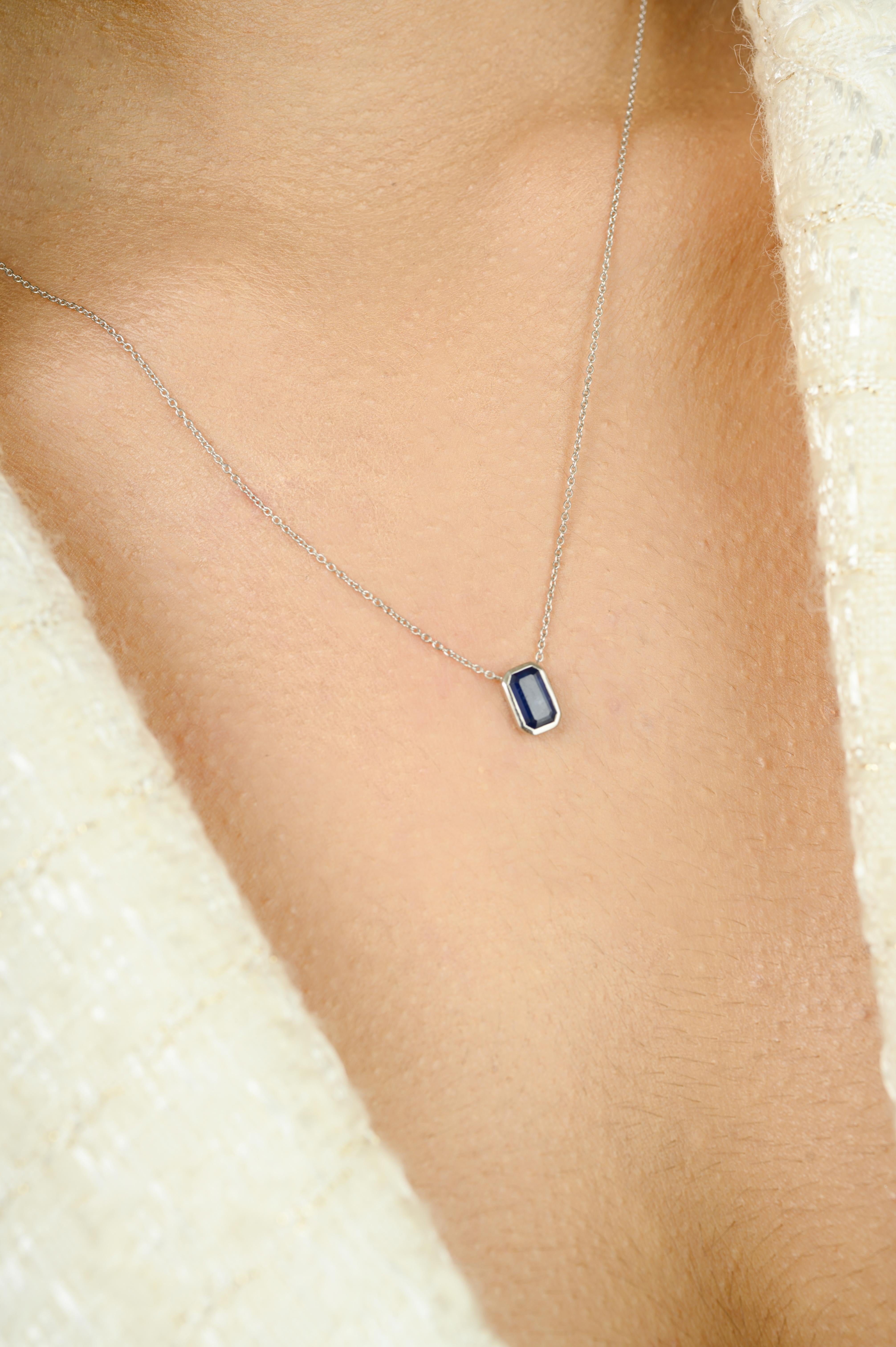 Octagon Cut Emerald Cut Sapphire Pendant Necklace in 14K White Gold September Birthstone For Sale