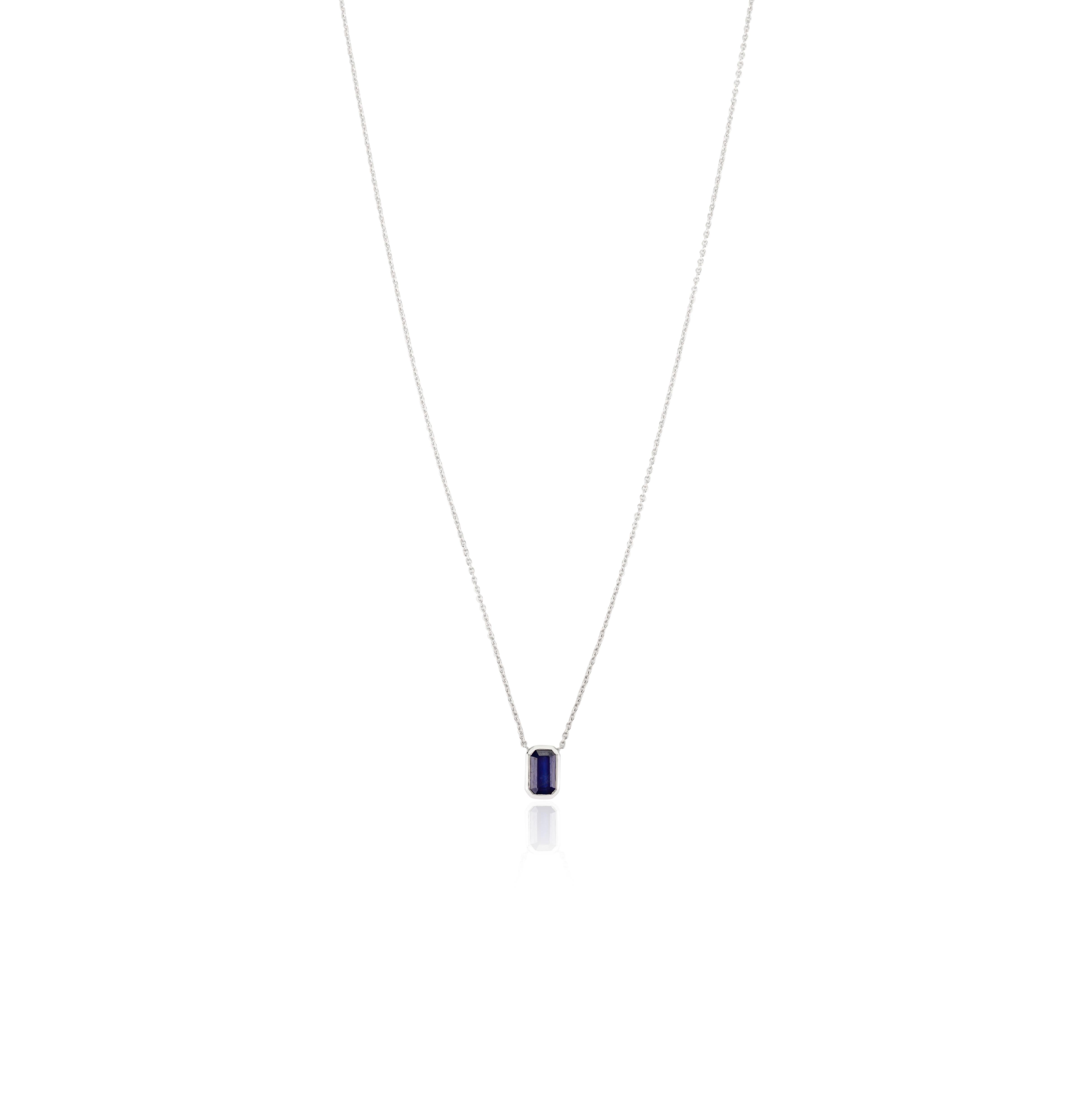 Emerald Cut Sapphire Pendant Necklace in 14K White Gold September Birthstone For Sale 1