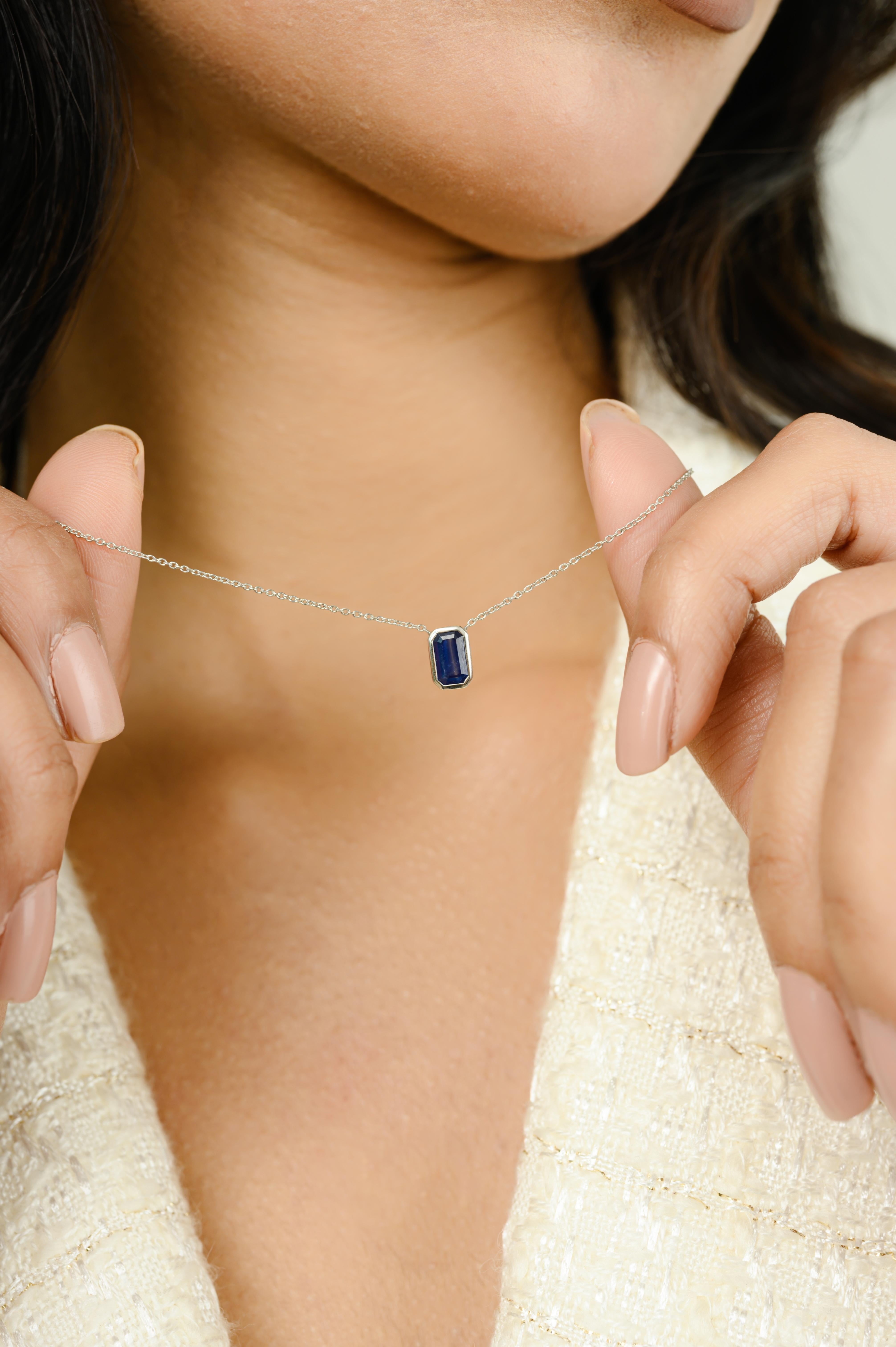 Emerald Cut Sapphire Pendant Necklace in 14K White Gold September Birthstone For Sale 2