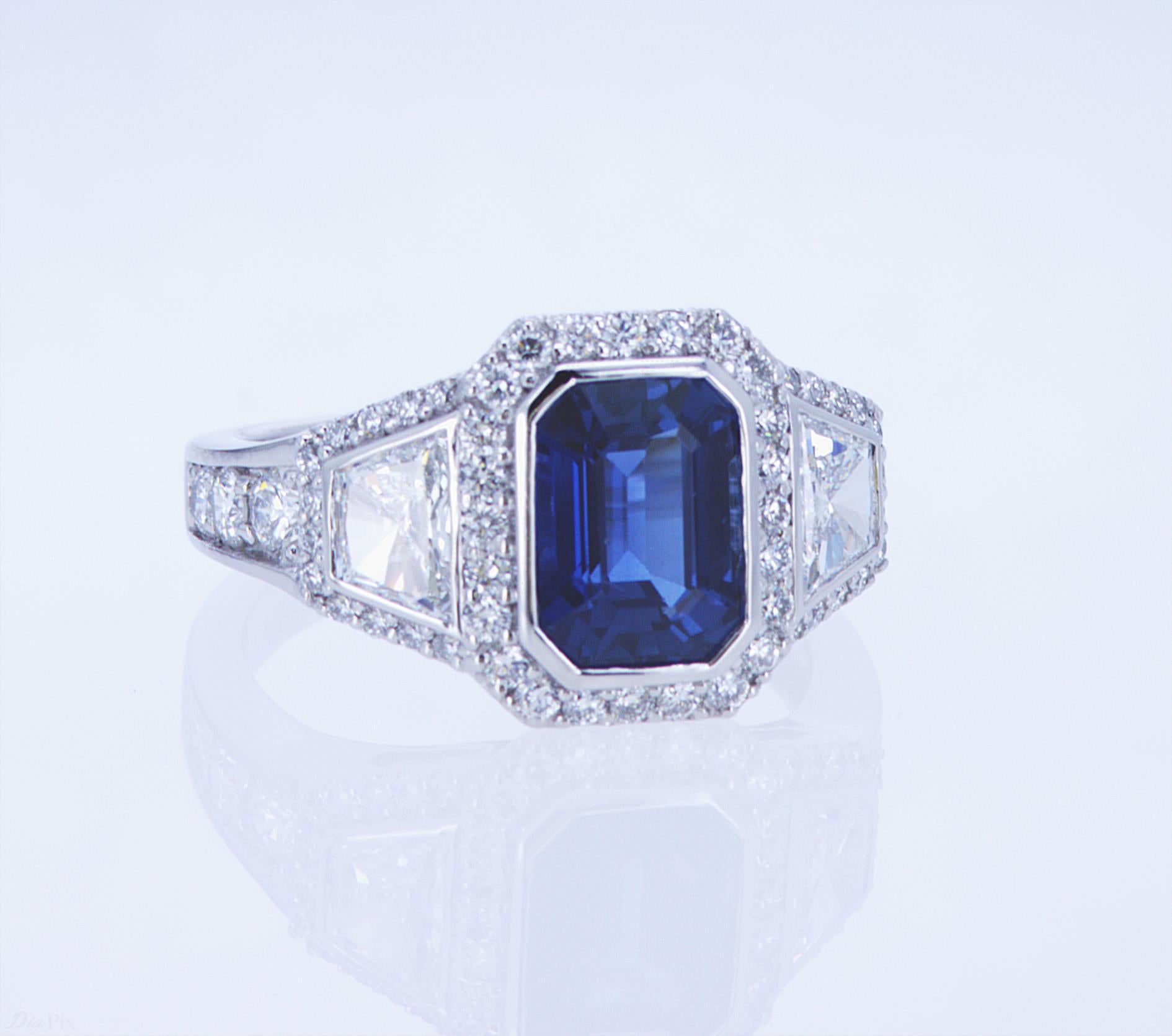 For Sale:  Emerald Cut Sapphire Ring with Trapezoid Diamonds 2