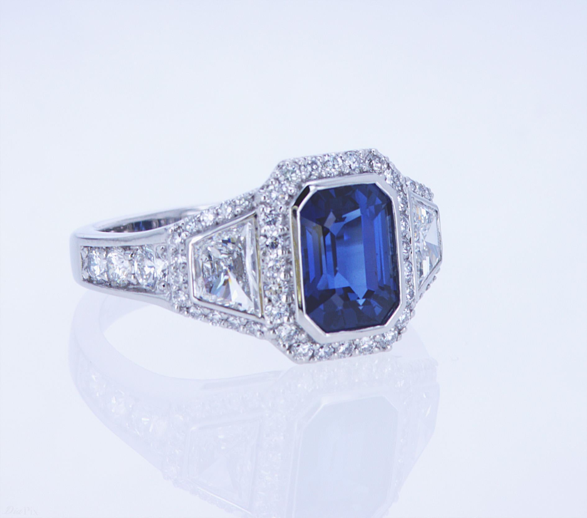 For Sale:  Emerald Cut Sapphire Ring with Trapezoid Diamonds 3