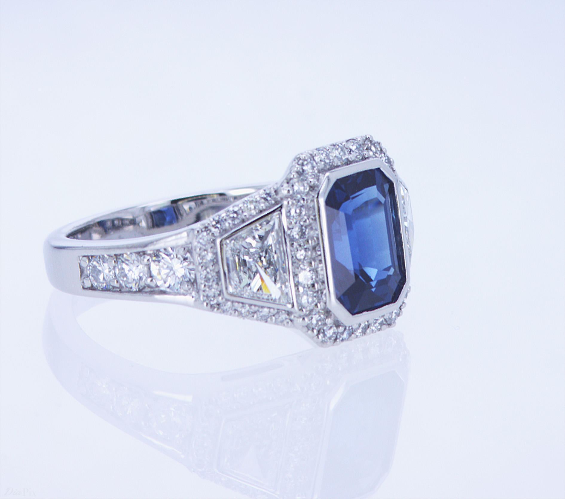 For Sale:  Emerald Cut Sapphire Ring with Trapezoid Diamonds 4