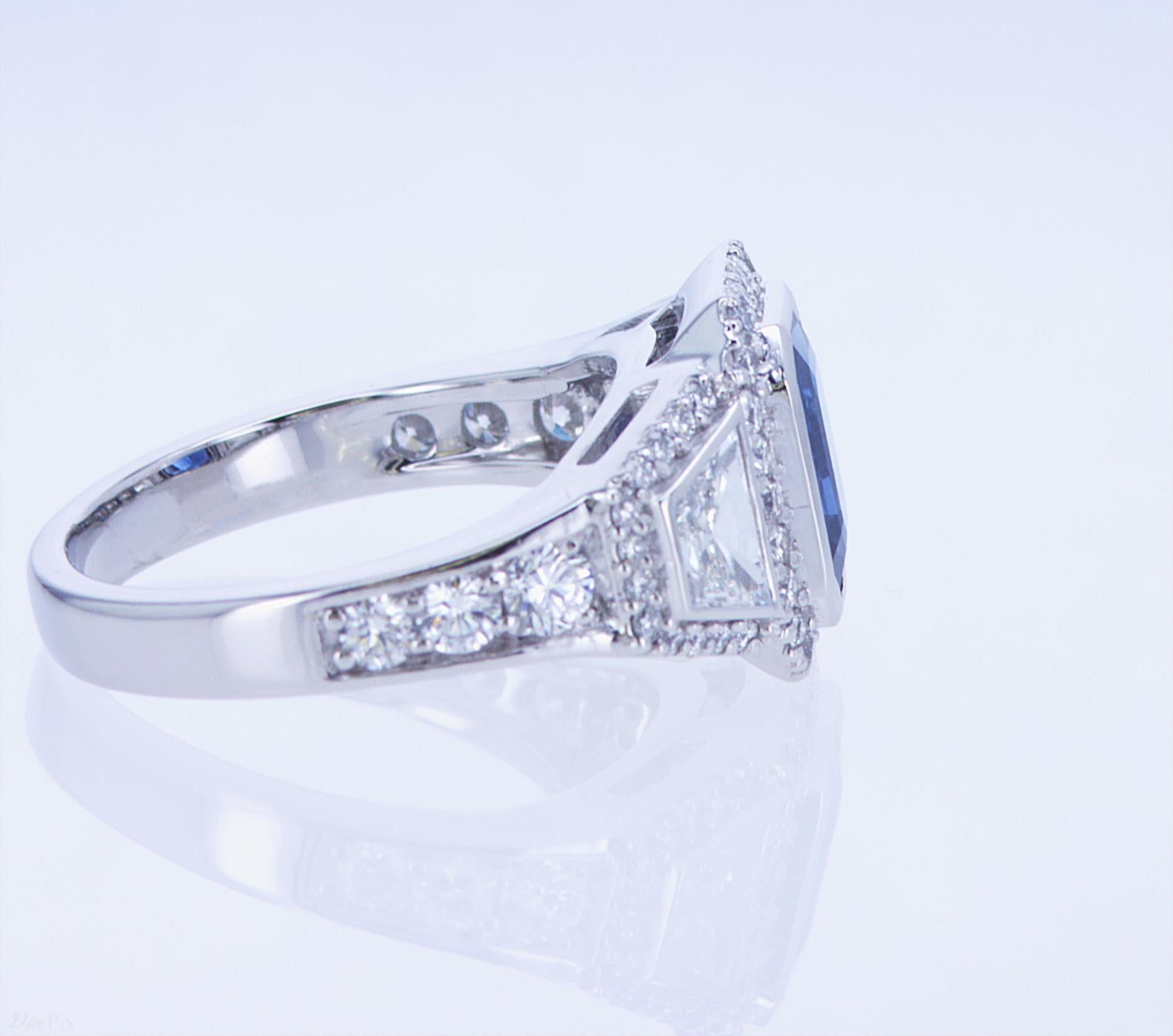 For Sale:  Emerald Cut Sapphire Ring with Trapezoid Diamonds 6