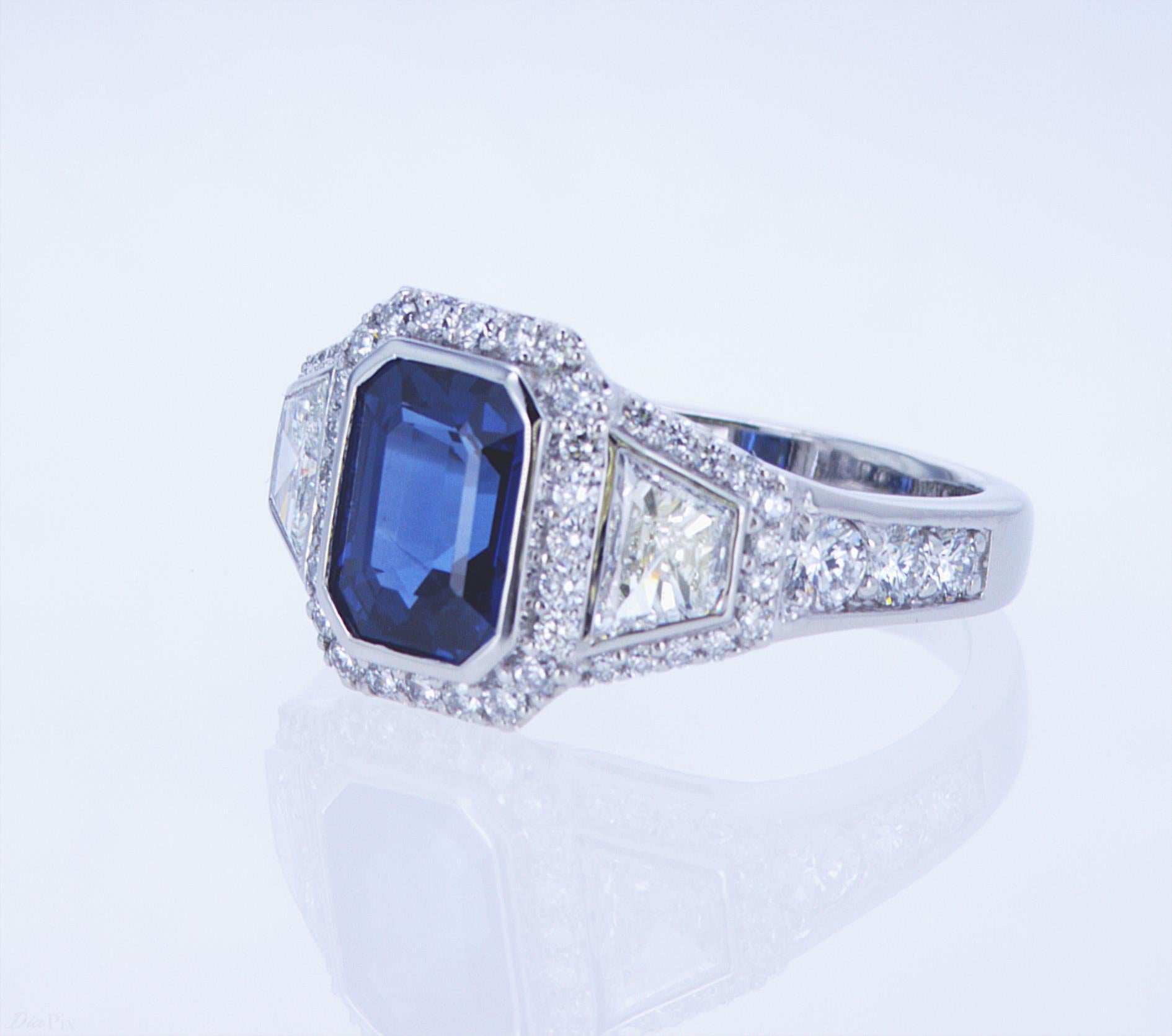 For Sale:  Emerald Cut Sapphire Ring with Trapezoid Diamonds 8