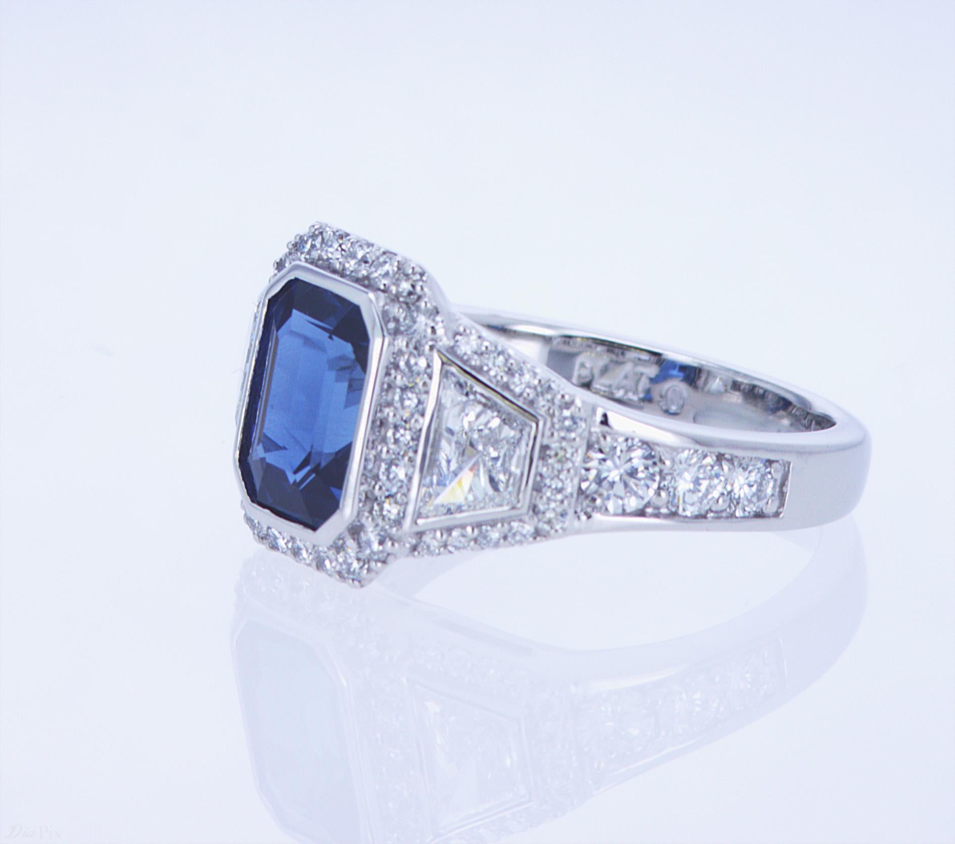 For Sale:  Emerald Cut Sapphire Ring with Trapezoid Diamonds 9