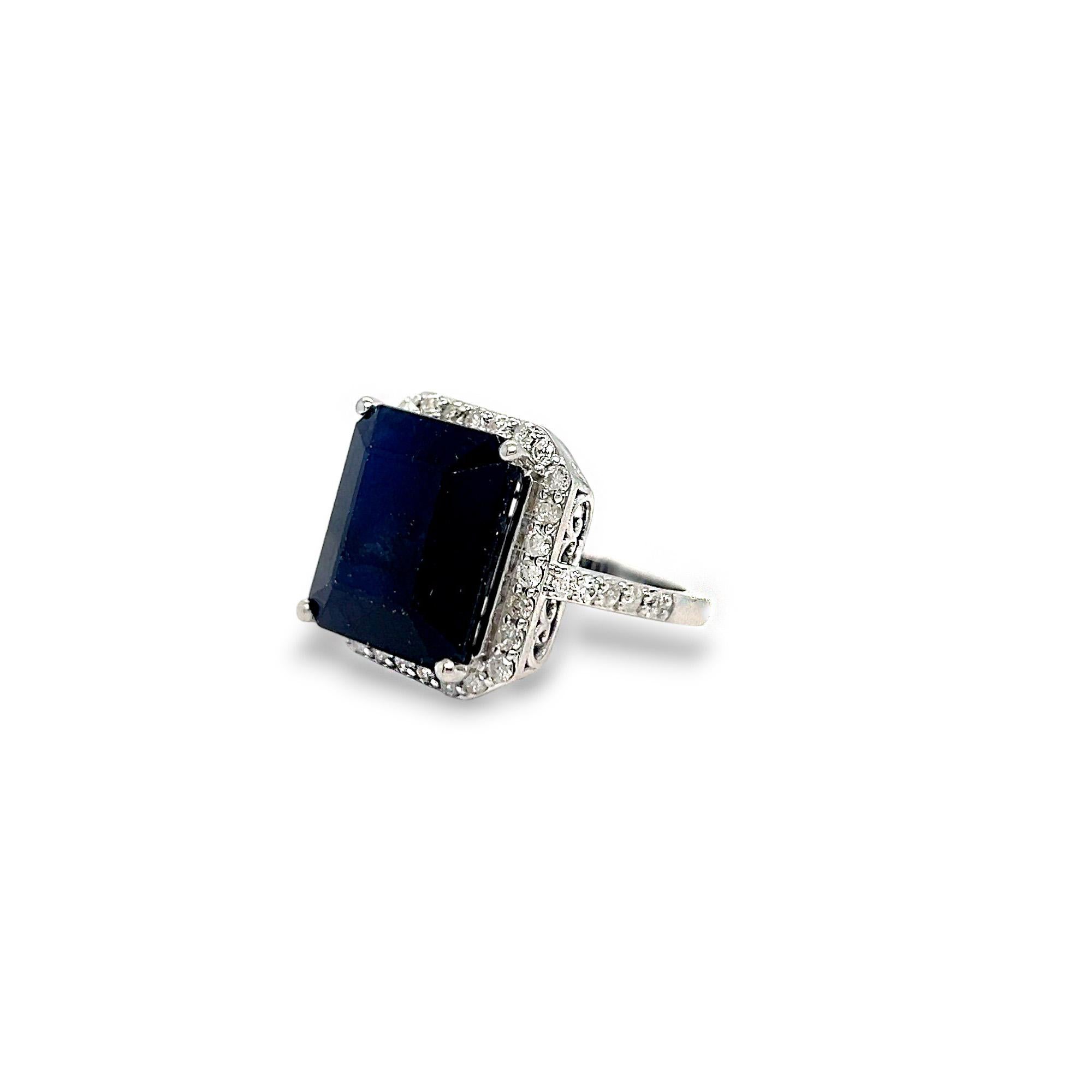 Women's or Men's Emerald Cut Sapphire with Diamond Halo Statement Ring For Sale