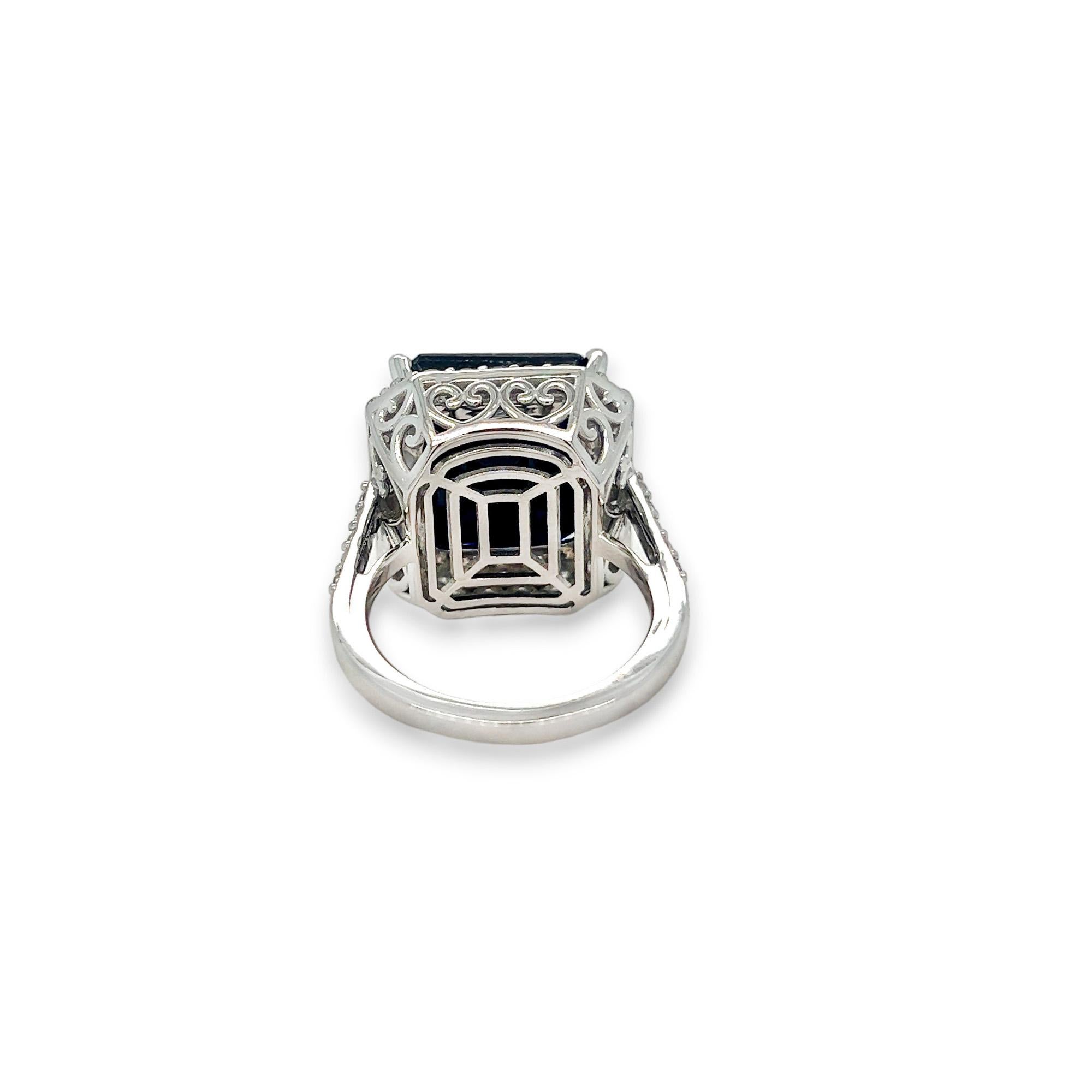 Emerald Cut Sapphire with Diamond Halo Statement Ring For Sale 1