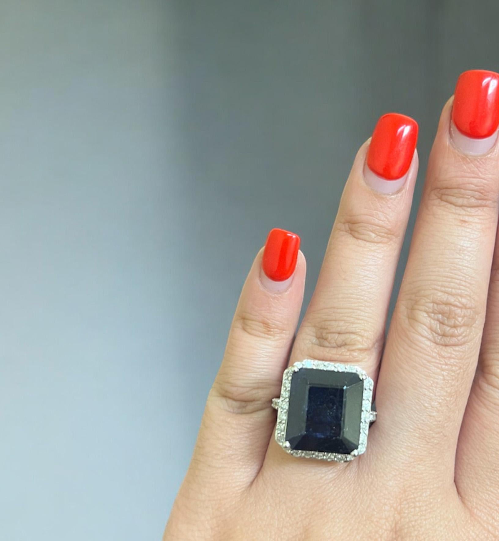 Emerald Cut Sapphire with Diamond Halo Statement Ring For Sale 2